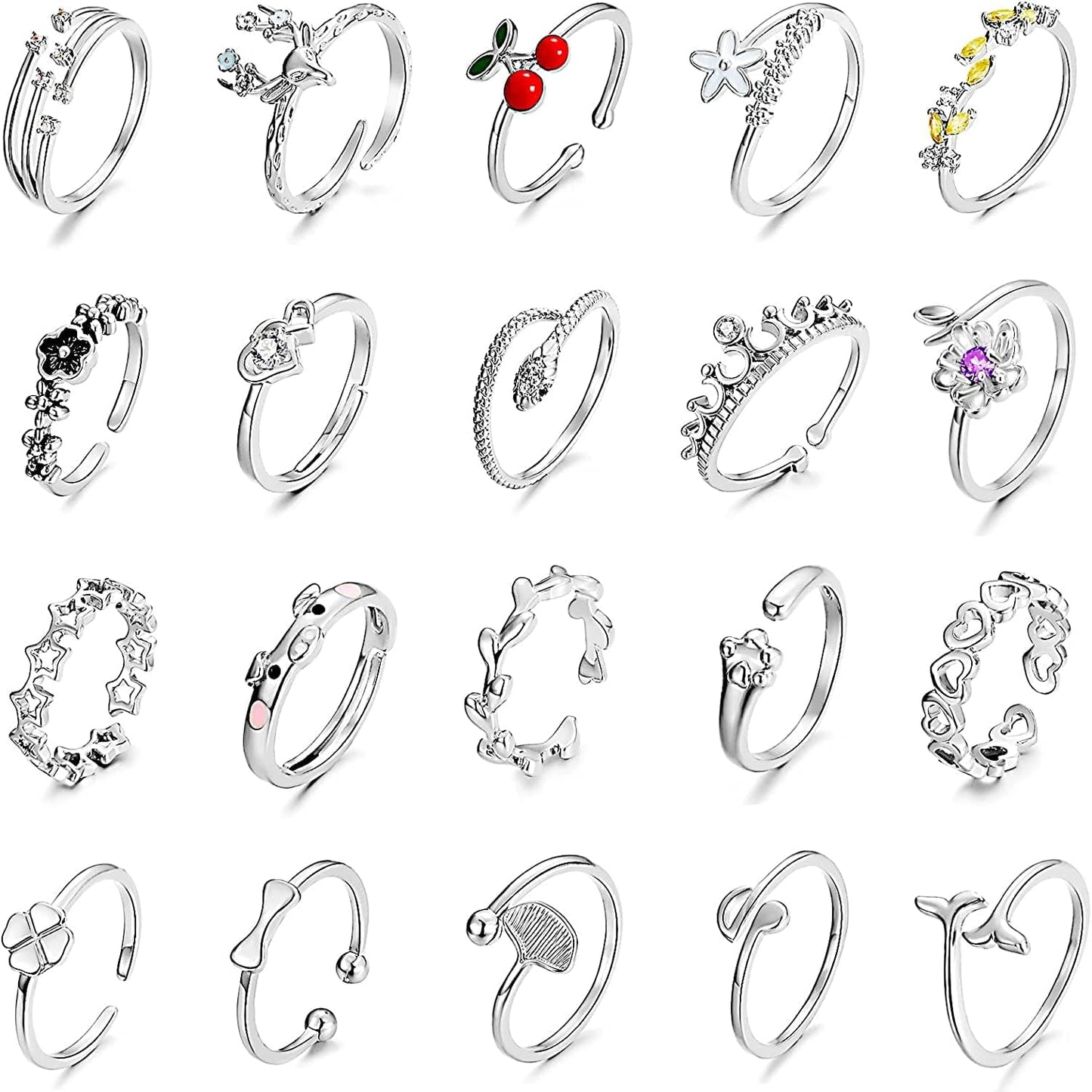 20 Pcs Adjustable Rings Set for Women - Finger Rings Pack Stackable Rings for Teens- Cute Rings for Teen Girls -In Gold and Silver Tone #4-Silver