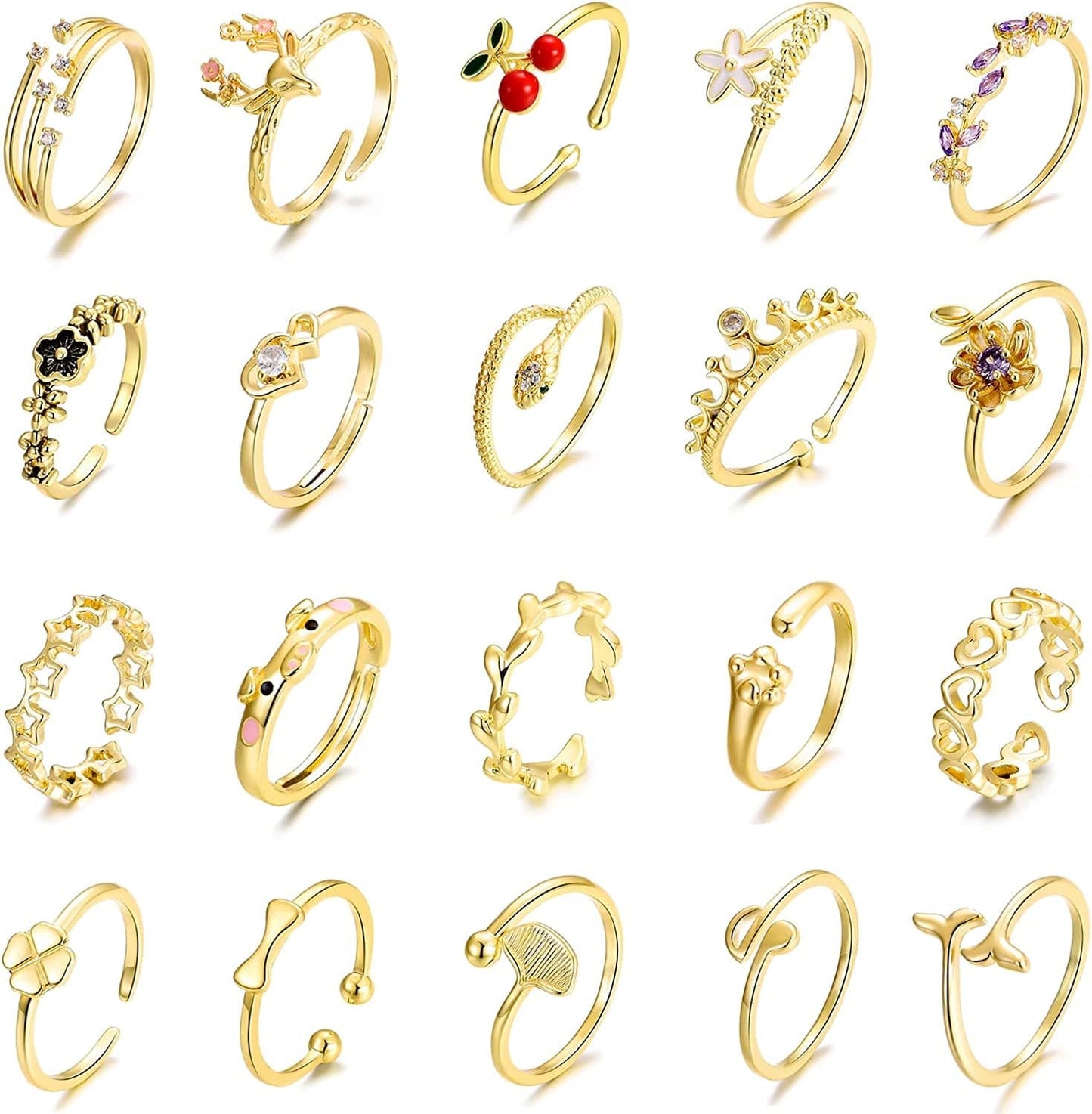 20 Pcs Adjustable Rings Set for Women - Finger Rings Pack Stackable Rings for Teens- Cute Rings for Teen Girls -In Gold and Silver Tone #3-Golden