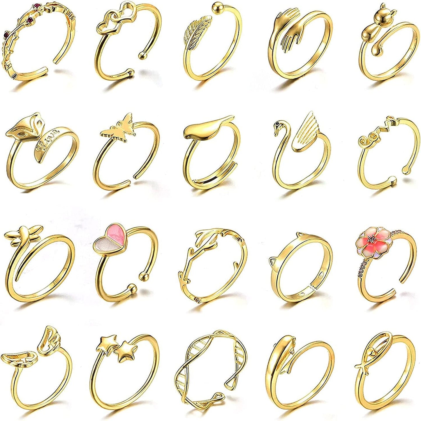 20 Pcs Adjustable Rings Set for Women - Finger Rings Pack Stackable Rings for Teens- Cute Rings for Teen Girls -In Gold and Silver Tone #1-gold tone