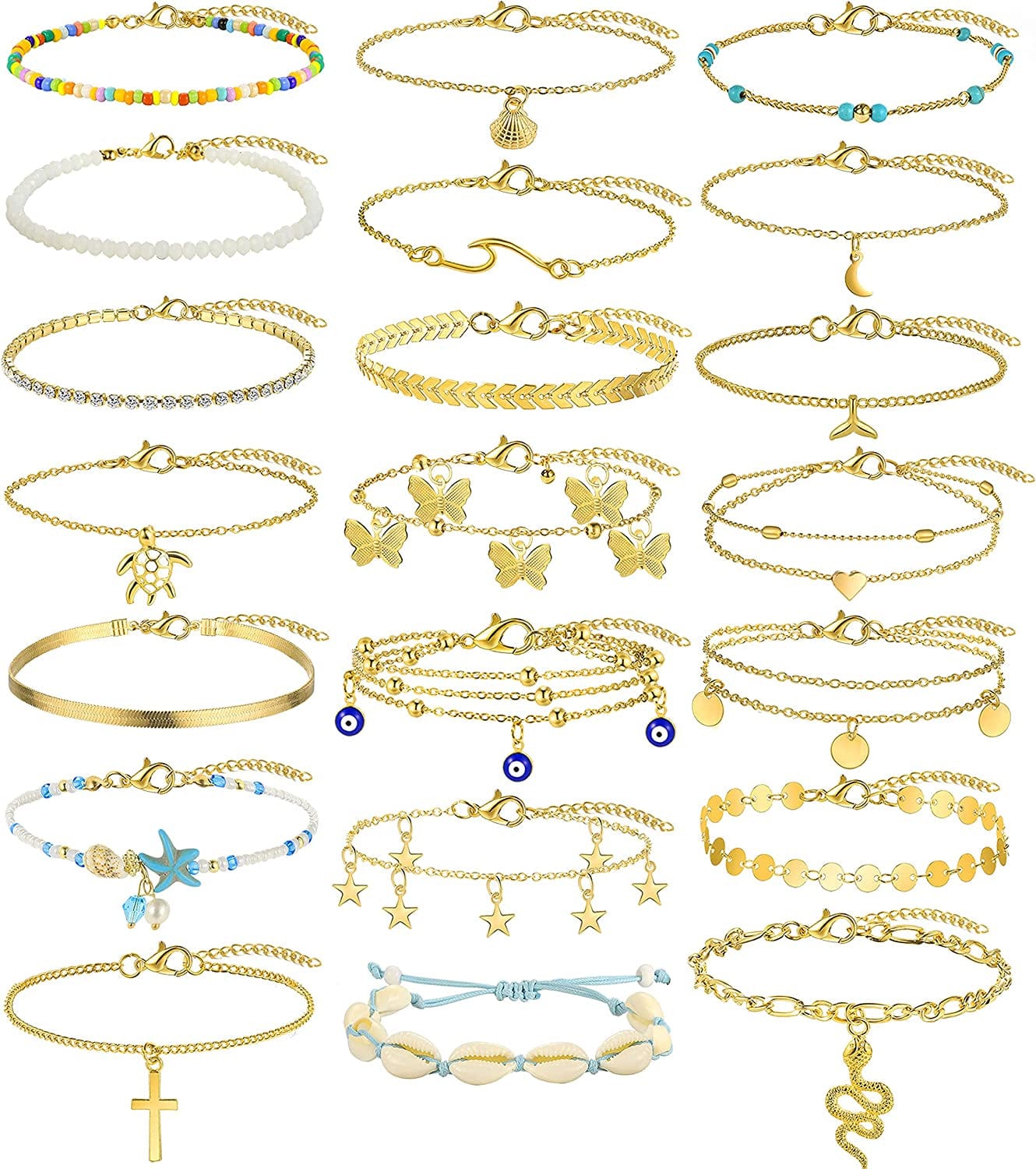20 Pcs Ankle Bracelets for Women Teen Girls, Boho Colorful Beach Beaded Chain Anklet Bracelet Set, Gold Silver Adjustable Anklet Foot Jewelry Apparel & Accessories > Jewelry > Anklets iF YOU A-Gold