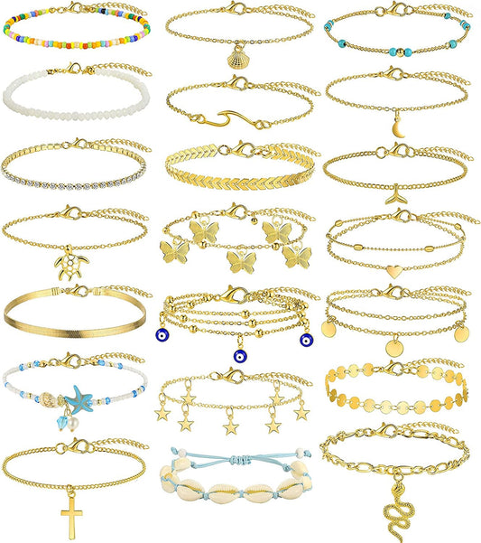 20 Pcs Ankle Bracelets for Women Teen Girls, Boho Colorful Beach Beaded Chain Anklet Bracelet Set, Gold Silver Adjustable Anklet Foot Jewelry Apparel & Accessories > Jewelry > Anklets iF YOU A-Gold
