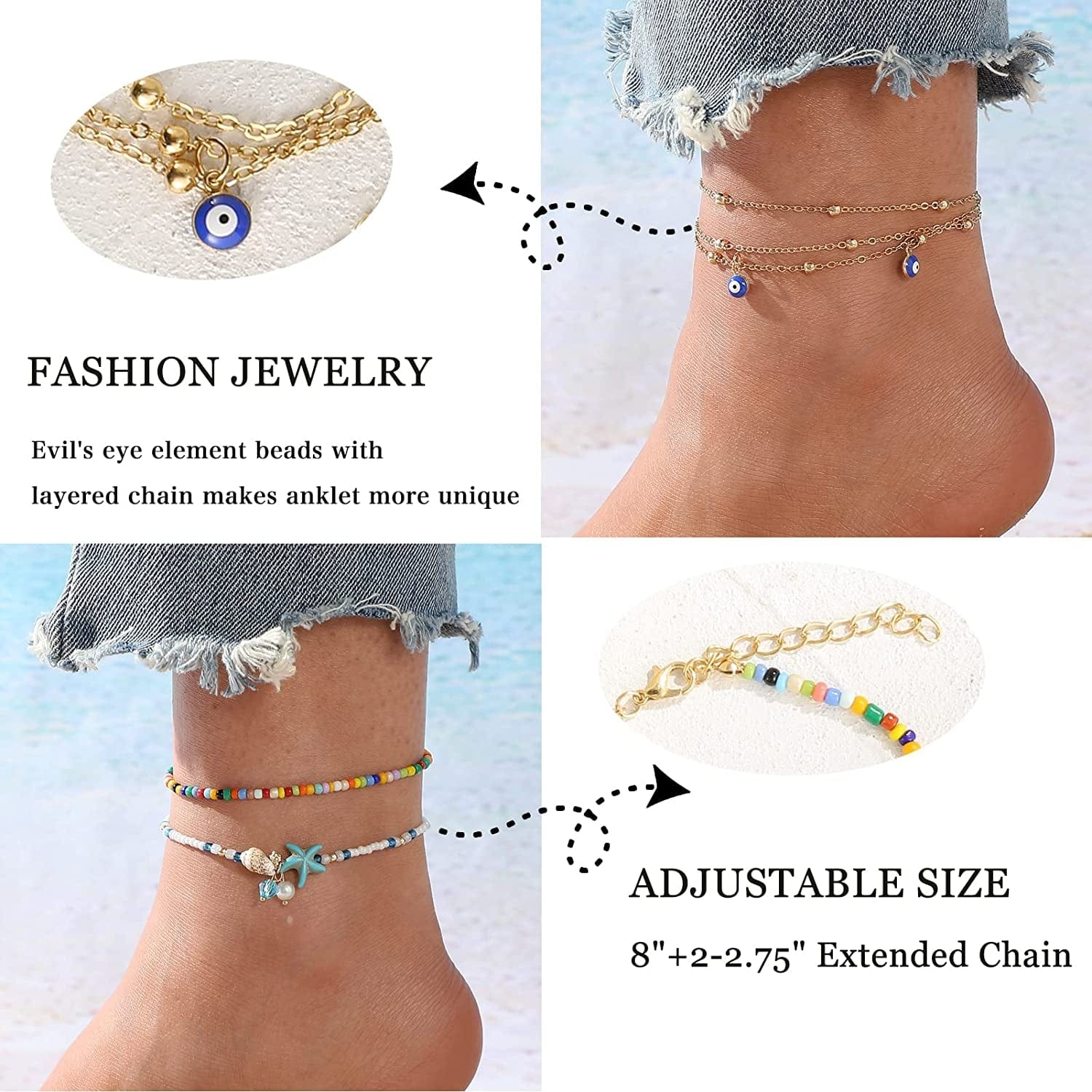 20 Pcs Ankle Bracelets for Women Teen Girls, Boho Colorful Beach Beaded Chain Anklet Bracelet Set, Gold Silver Adjustable Anklet Foot Jewelry Apparel & Accessories > Jewelry > Anklets iF YOU