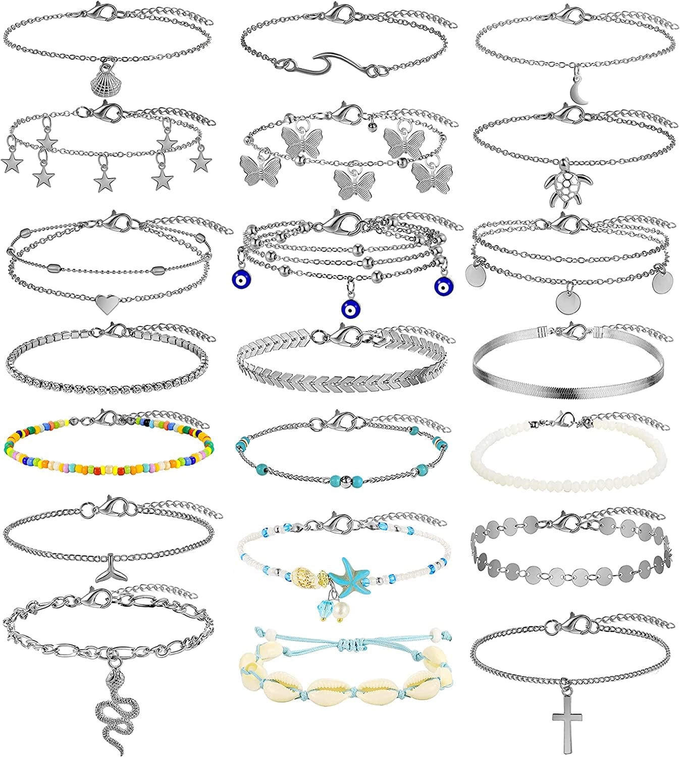 20 Pcs Ankle Bracelets for Women Teen Girls, Boho Colorful Beach Beaded Chain Anklet Bracelet Set, Gold Silver Adjustable Anklet Foot Jewelry Apparel & Accessories > Jewelry > Anklets iF YOU silver
