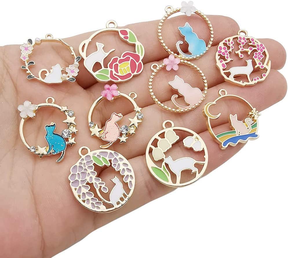 20 Pcs Gold Plated Enamel Flower Cat Charms Pendant for Jewelry Making Necklace Bracelet Earring and Slime DIY Jewelry Accessories Charms (M451)
