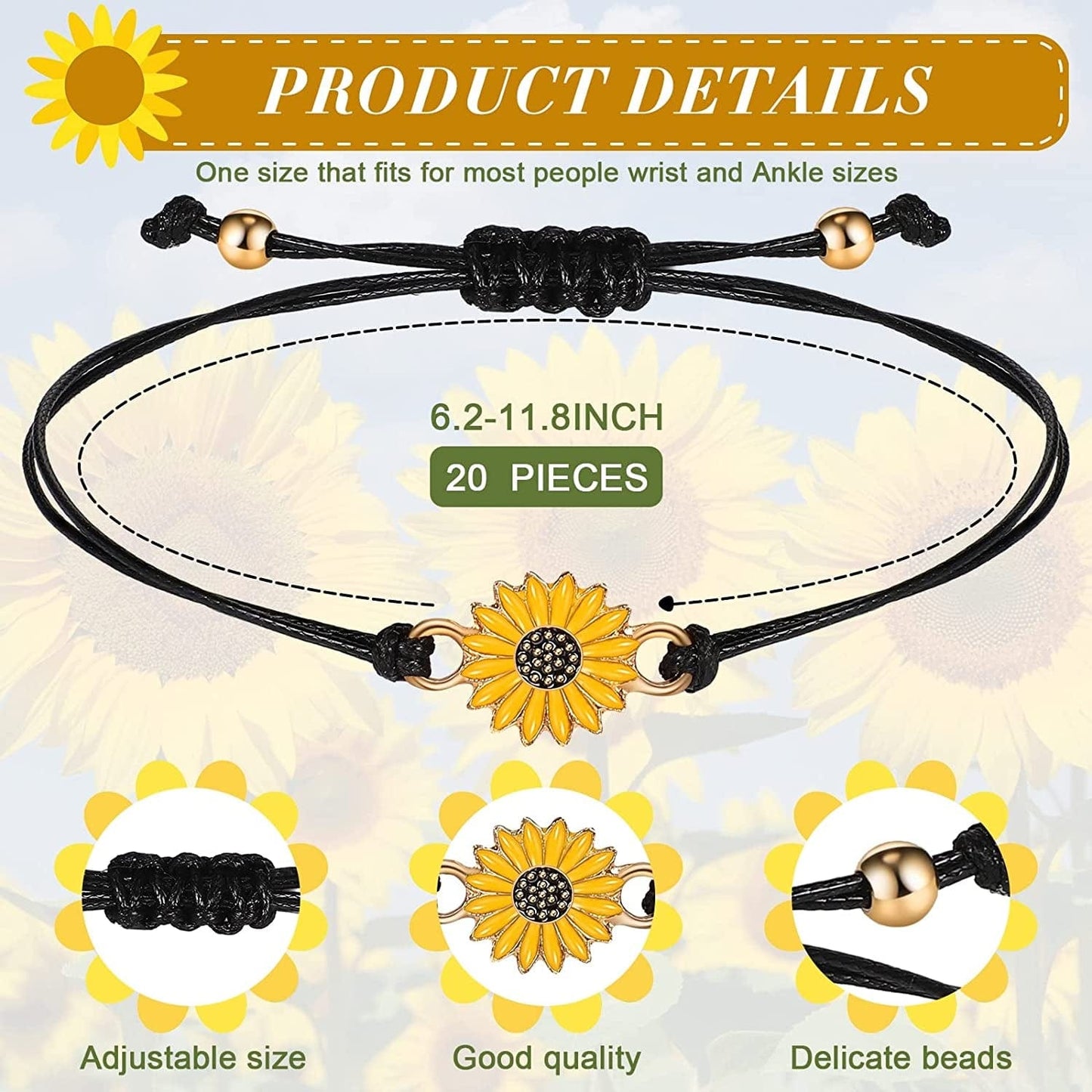 20 Pcs Handmade Sunflower Bracelets Adjustable Friendship Bracelet Friend Boho Couple Bracelets Matching Bracelets Promise Bracelets for Couples Women Girl Friends (Black) Apparel & Accessories > Jewelry > Bracelets Sureio