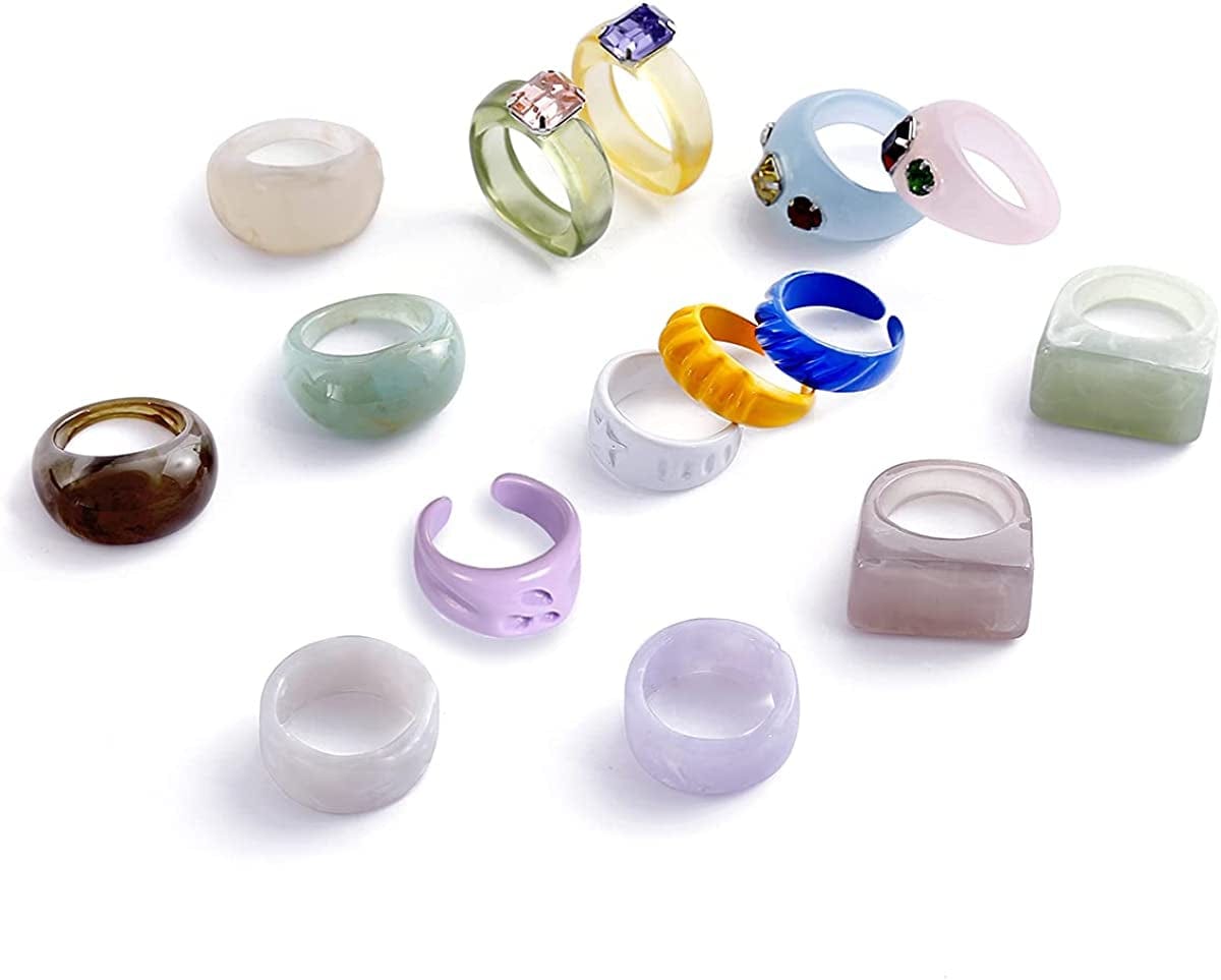 20 Pcs Resin Rings Acrylic Cute Trendy Rings Colorful Rhinestone Rings Jewelry Plastic Resin Square Gem Stackable Chunky Ring for Women Girls 15Pcs Trendy Rings