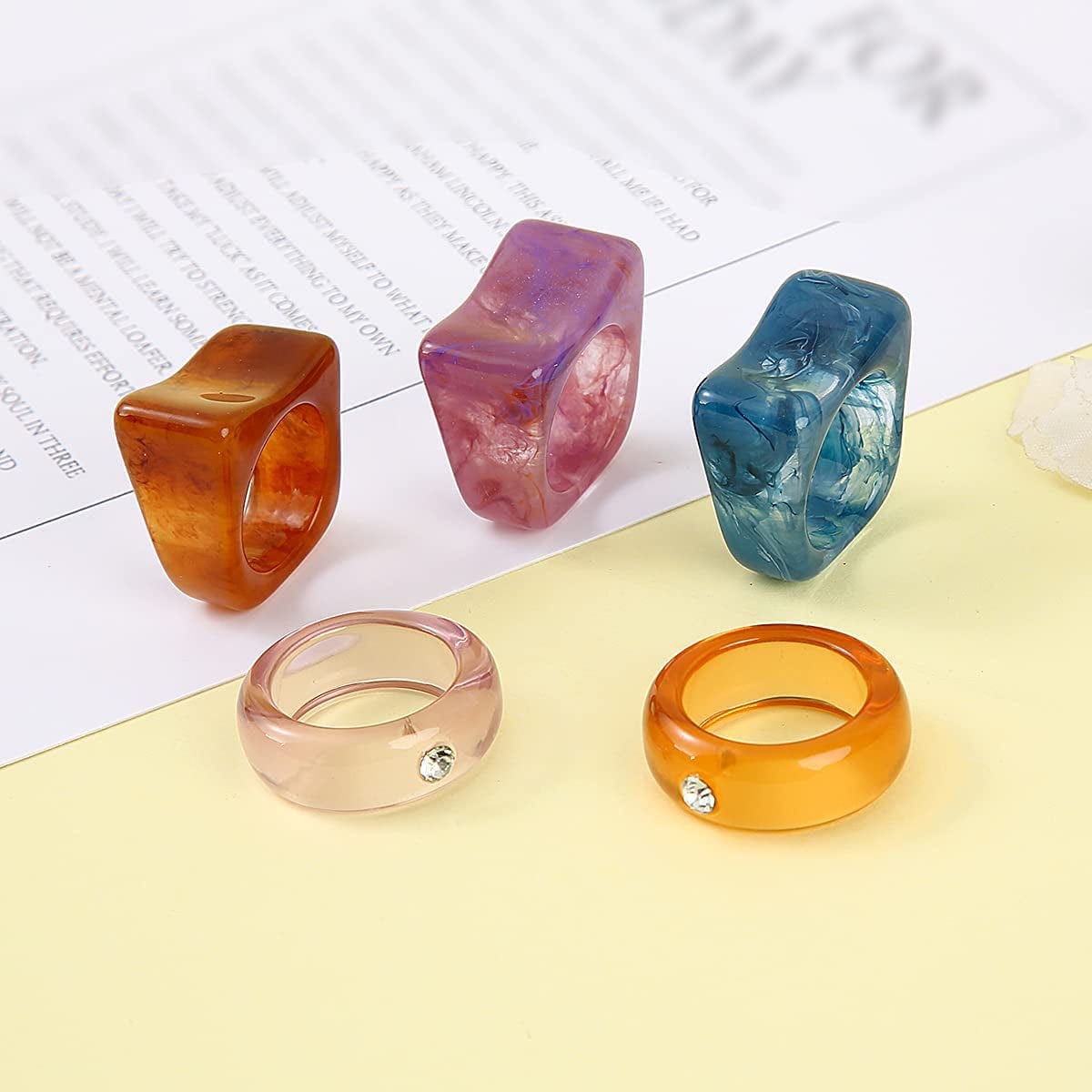 20 Pcs Resin Rings Acrylic Cute Trendy Rings Colorful Rhinestone Rings Jewelry Plastic Resin Square Gem Stackable Chunky Ring for Women Girls