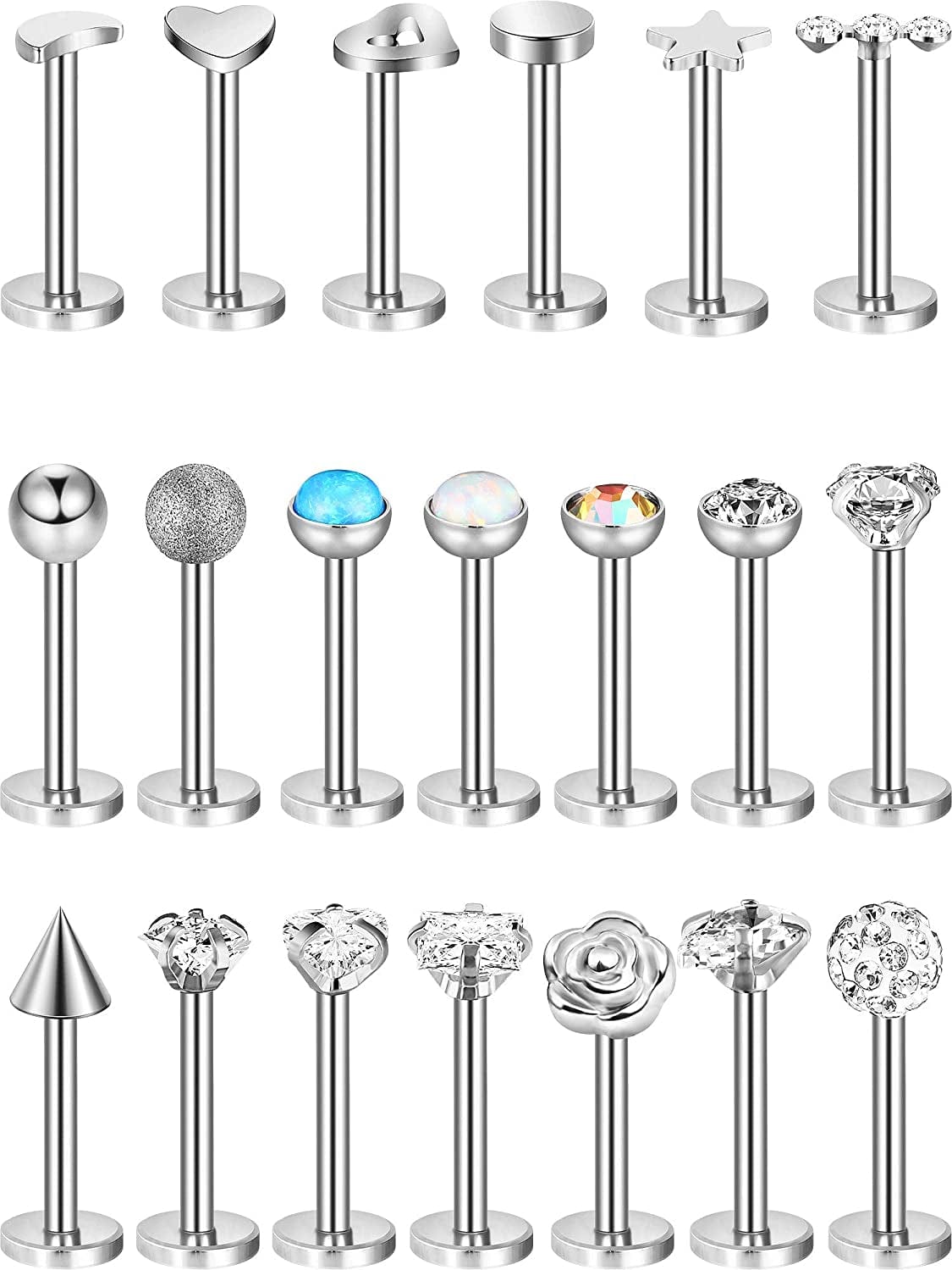 20 Pieces Body Piercing Jewelry Tragus Bars Nose Studs Labret Bars Crystal Style Ball, 20 Styles, 16 Gauge Apparel & Accessories > Jewelry > Body Jewelry Sumind
