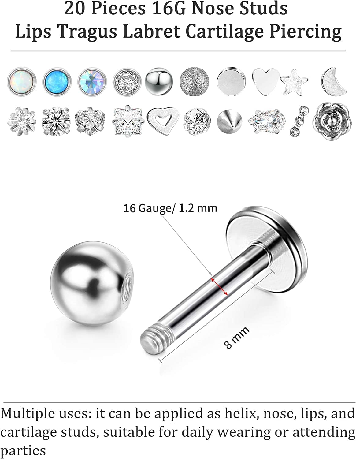 20 Pieces Body Piercing Jewelry Tragus Bars Nose Studs Labret Bars Crystal Style Ball, 20 Styles, 16 Gauge Apparel & Accessories > Jewelry > Body Jewelry Sumind