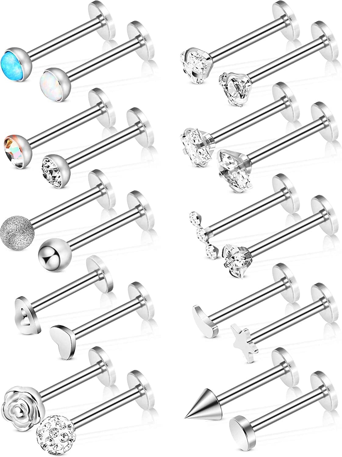 20 Pieces Body Piercing Jewelry Tragus Bars Nose Studs Labret Bars Crystal Style Ball, 20 Styles, 16 Gauge Apparel & Accessories > Jewelry > Body Jewelry Sumind