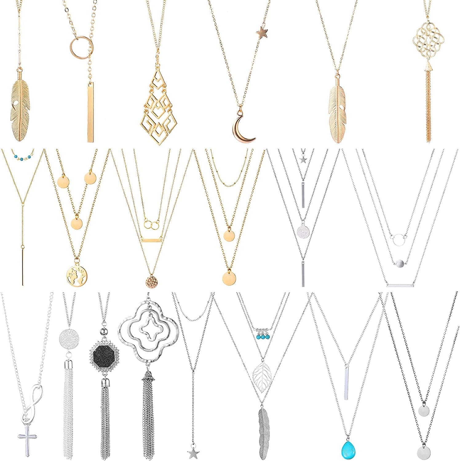 20 Pieces Valentine'S Day Long Pendant Necklace Y Tassel Leaf Circle Bar Necklace Simple Bar Layer Tassel Y Charm Necklace Set for Women Girls Stylish Style