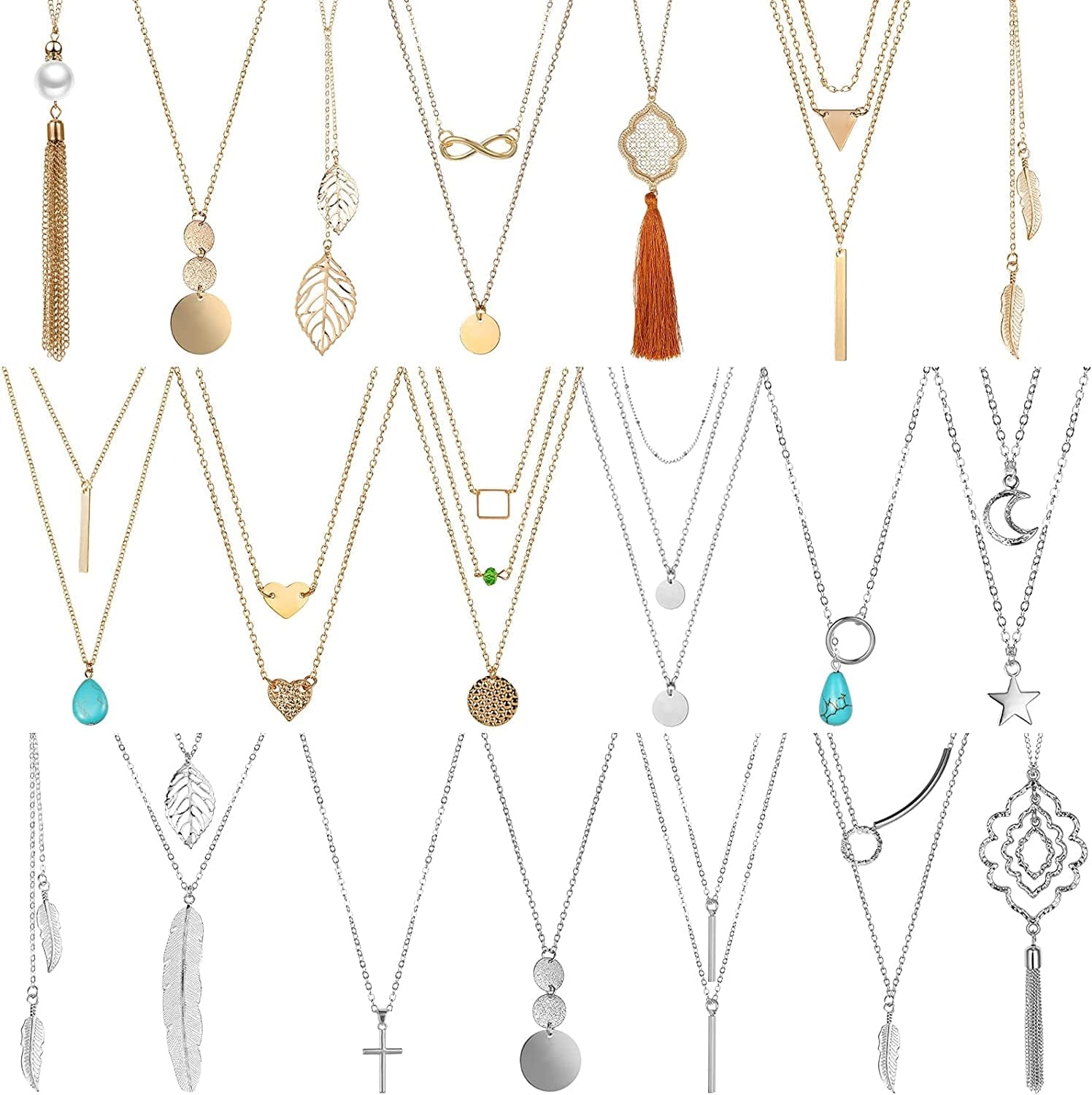 20 Pieces Valentine'S Day Long Pendant Necklace Y Tassel Leaf Circle Bar Necklace Simple Bar Layer Tassel Y Charm Necklace Set for Women Girls Charming Style