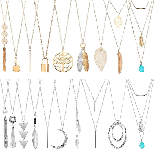 20 Pieces Valentine'S Day Long Pendant Necklace Y Tassel Leaf Circle Bar Necklace Simple Bar Layer Tassel Y Charm Necklace Set for Women Girls Classic Style
