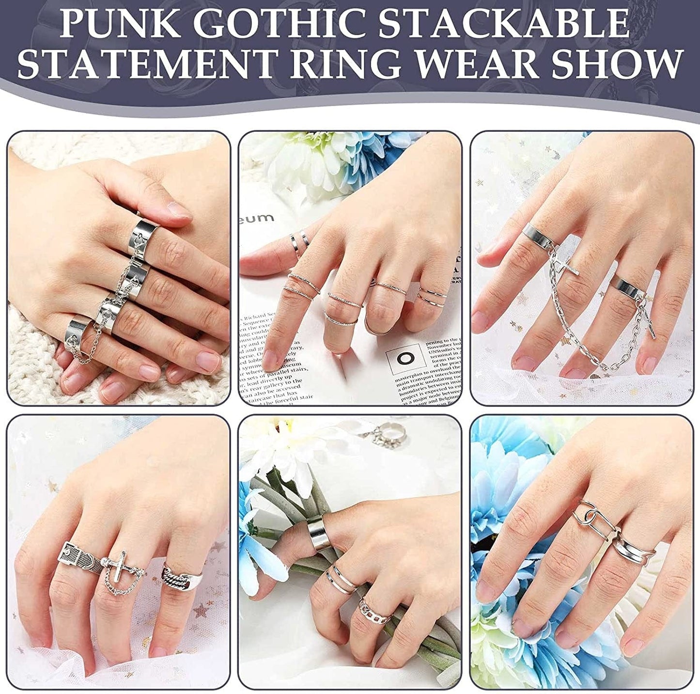 20 Pieces Vintage Silver Punk Chain Finger Rings Adjustable Stackable Vintage Ring Gothic Knuckle Ring Silver Punk Open Rings for Women Men