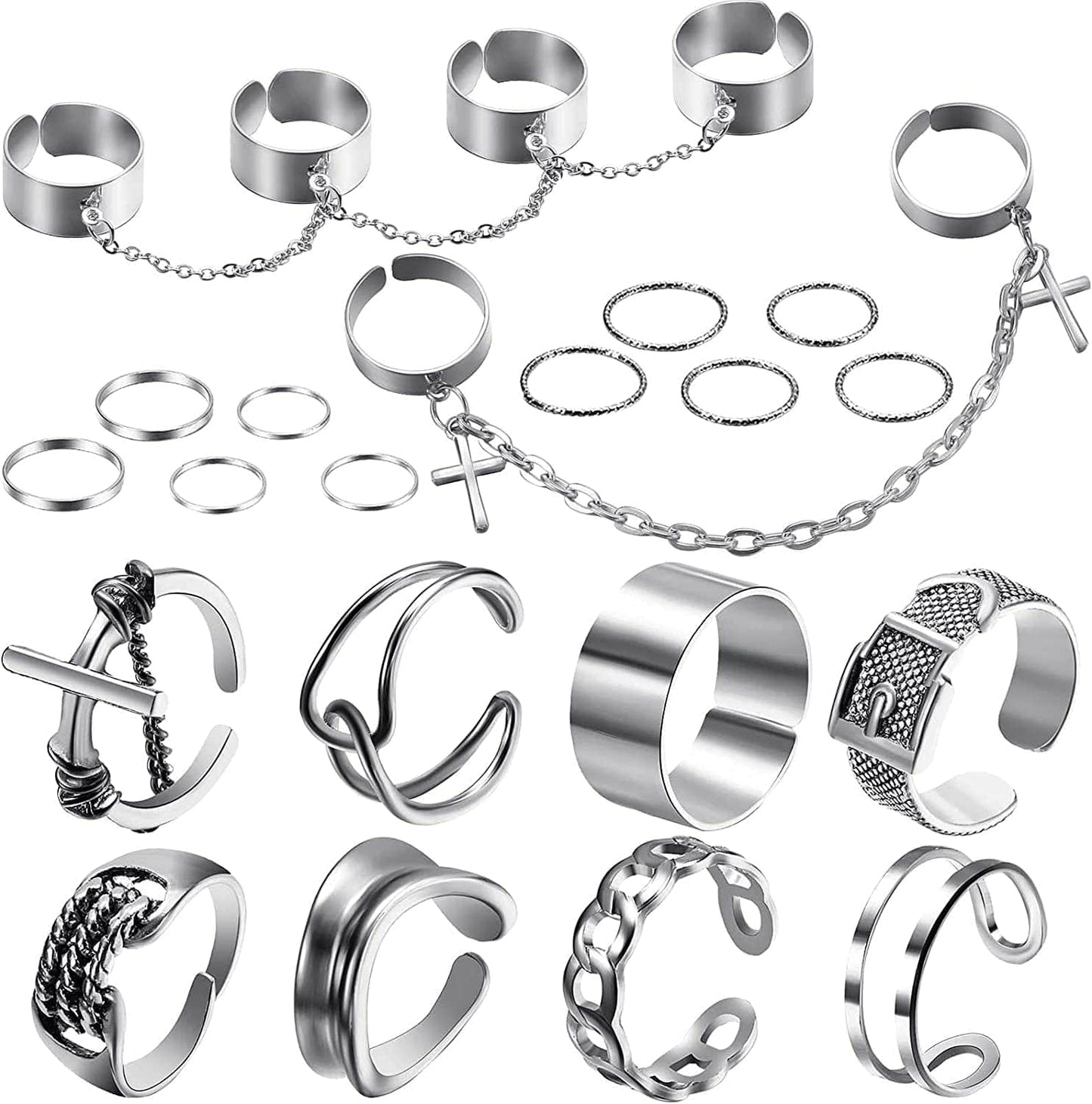 20 Pieces Vintage Silver Punk Chain Finger Rings Adjustable Stackable Vintage Ring Gothic Knuckle Ring Silver Punk Open Rings for Women Men