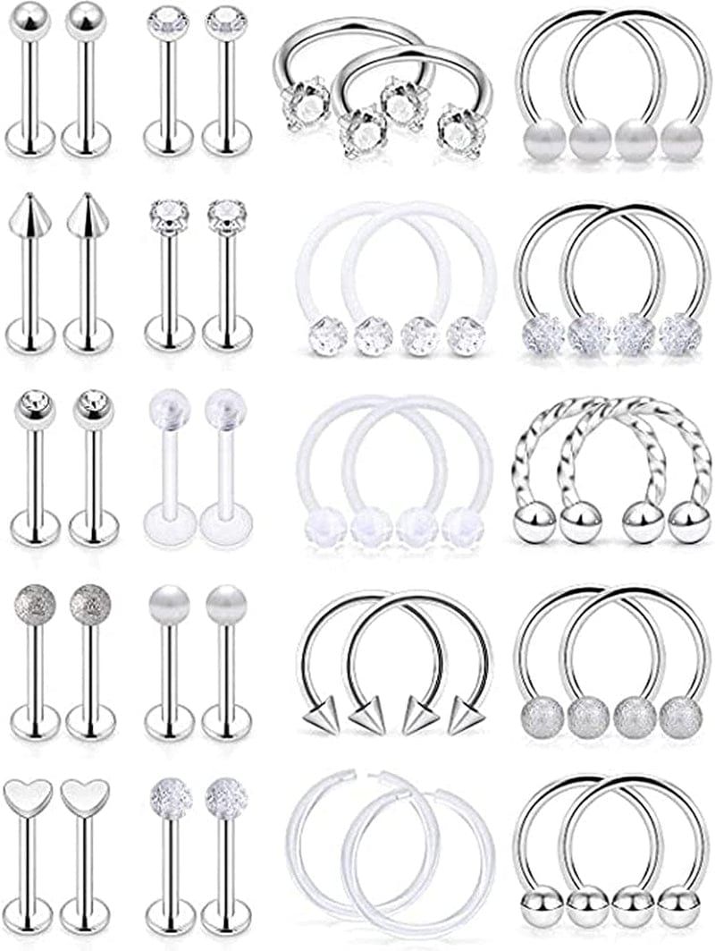 20 Style Surgical Steel Lip Rings Clear Diamond Cz Studs Tragus Horseshoe Ring Helix Hoop Earring Body Jewelry Piercing Retainer Durable and Practical Apparel & Accessories > Jewelry > Rings Generic