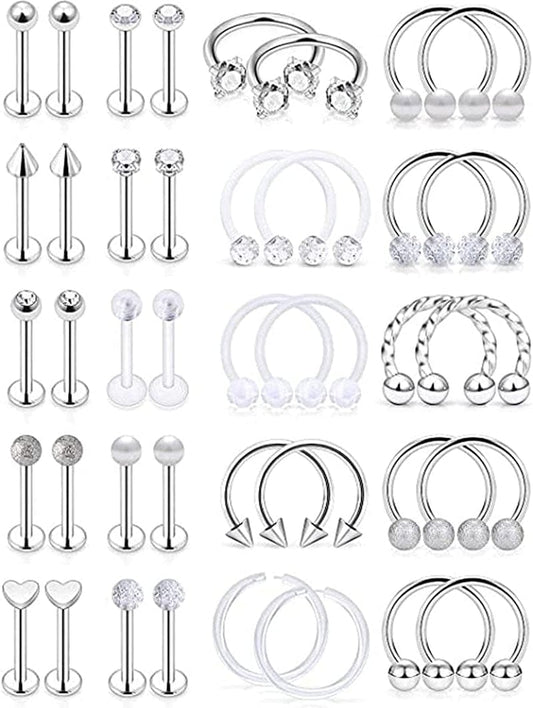 20 Style Surgical Steel Lip Rings Clear Diamond Cz Studs Tragus Horseshoe Ring Helix Hoop Earring Body Jewelry Piercing Retainer Durable and Practical Apparel & Accessories > Jewelry > Rings Generic