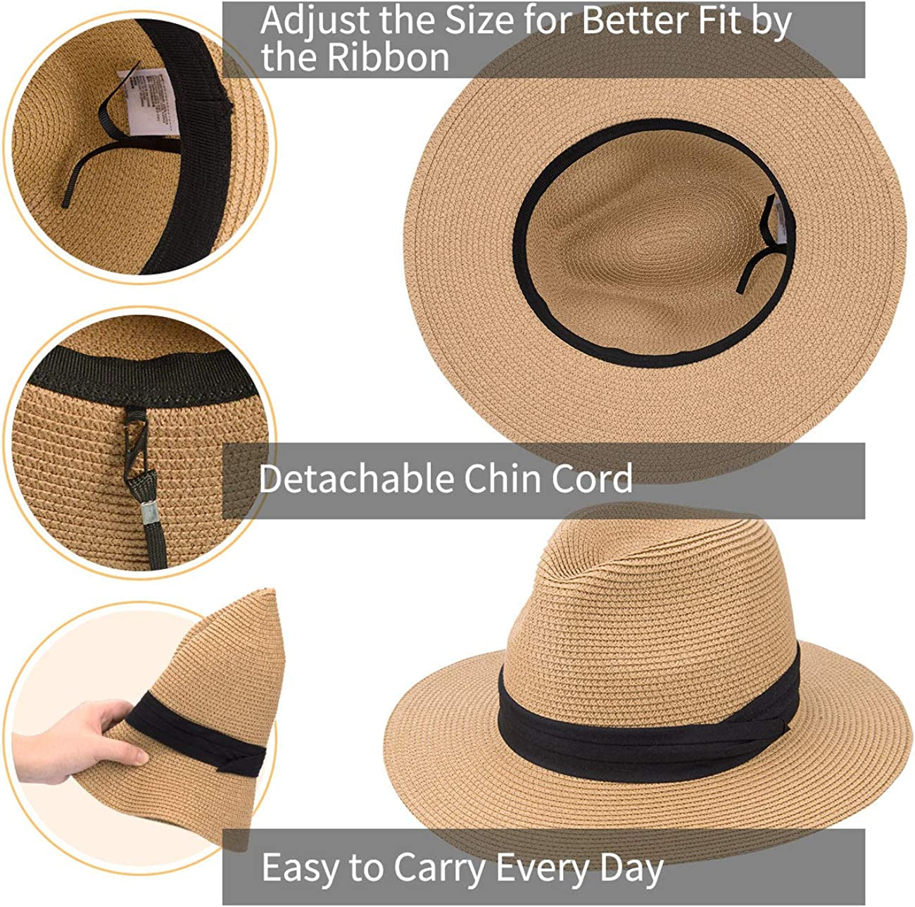 MAYLISACC Womens Straw Panama Hat, Wide Brim Beach Sun Hats Summer Foldable Travel Sunhat UPF50 Apparel & Accessories > Clothing Accessories > Hats MAYLISACC