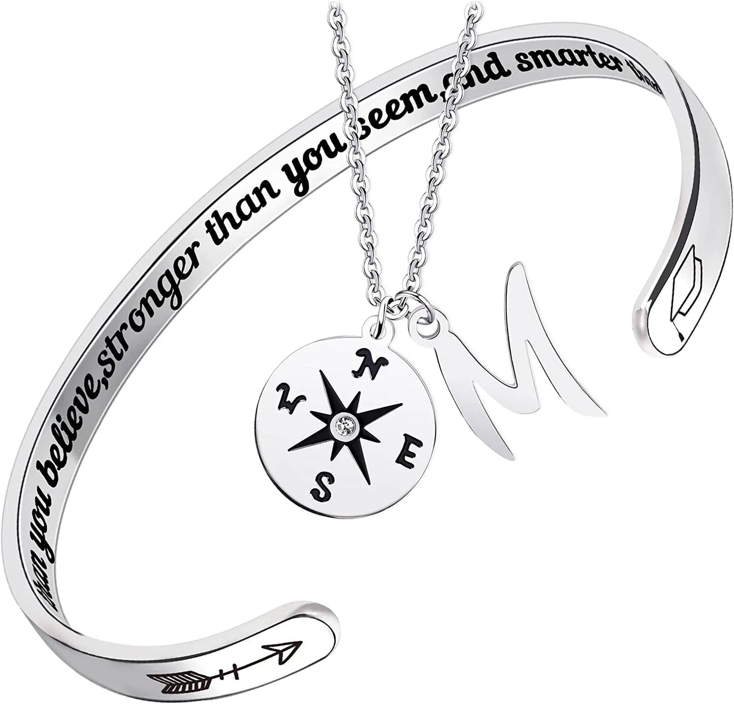 2022 Graduation Gift Compass Necklace Bracelet Set - Congrats Grad Stainless Steel Jewelry for Graduates Women Men Letter M Necklace + Bracelet
