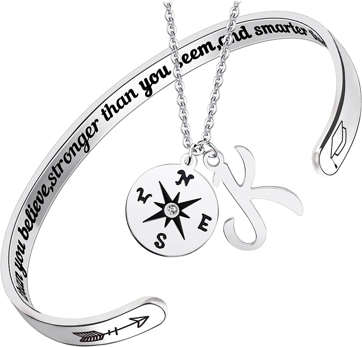 2022 Graduation Gift Compass Necklace Bracelet Set - Congrats Grad Stainless Steel Jewelry for Graduates Women Men Letter K Necklace + Bracelet
