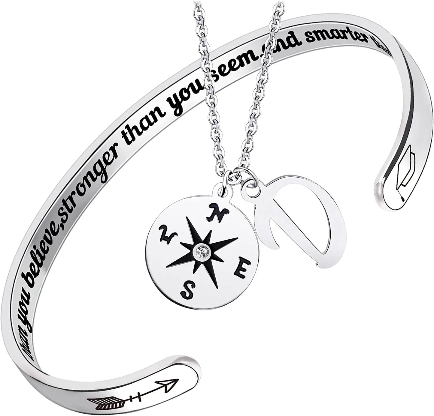 2022 Graduation Gift Compass Necklace Bracelet Set - Congrats Grad Stainless Steel Jewelry for Graduates Women Men Letter D Necklace + Bracelet
