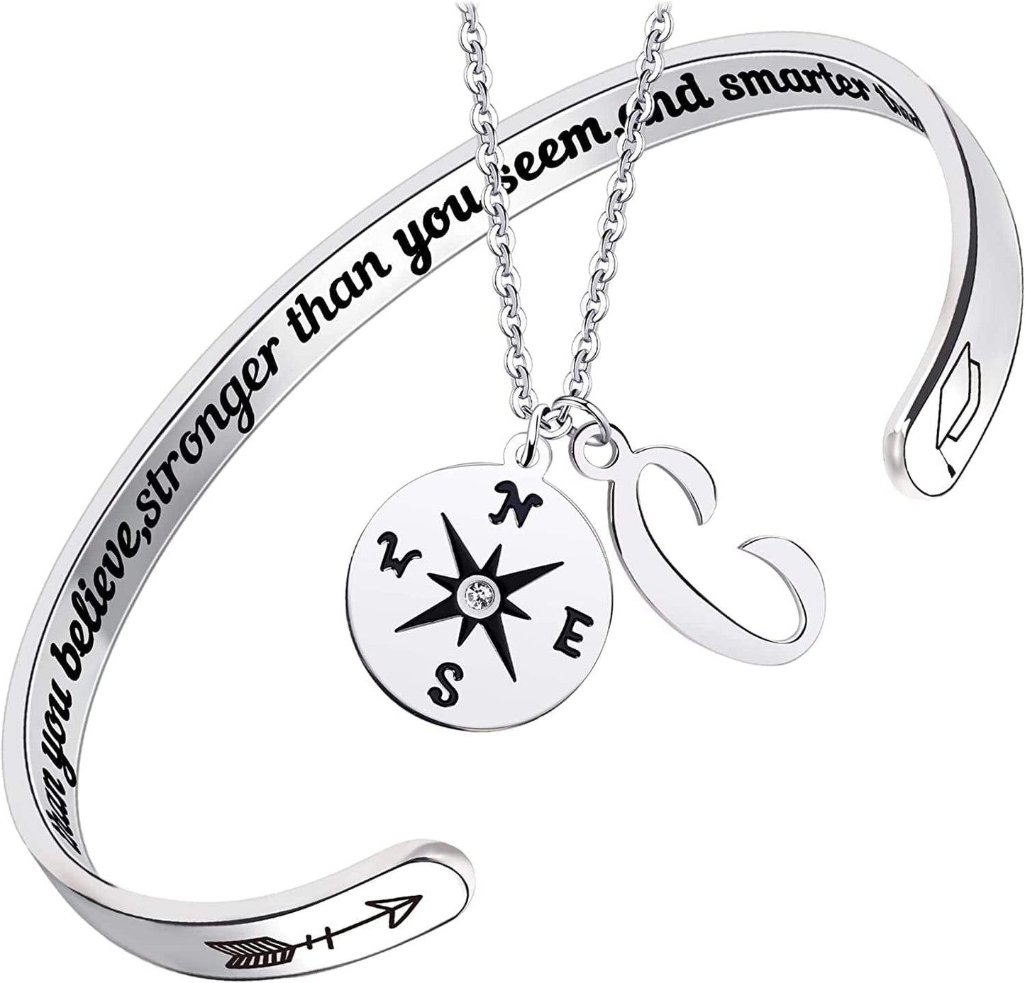 2022 Graduation Gift Compass Necklace Bracelet Set - Congrats Grad Stainless Steel Jewelry for Graduates Women Men Letter C Necklace + Bracelet