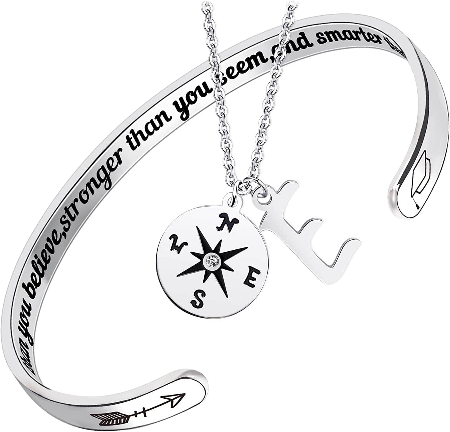 2022 Graduation Gift Compass Necklace Bracelet Set - Congrats Grad Stainless Steel Jewelry for Graduates Women Men Letter E Necklace + Bracelet