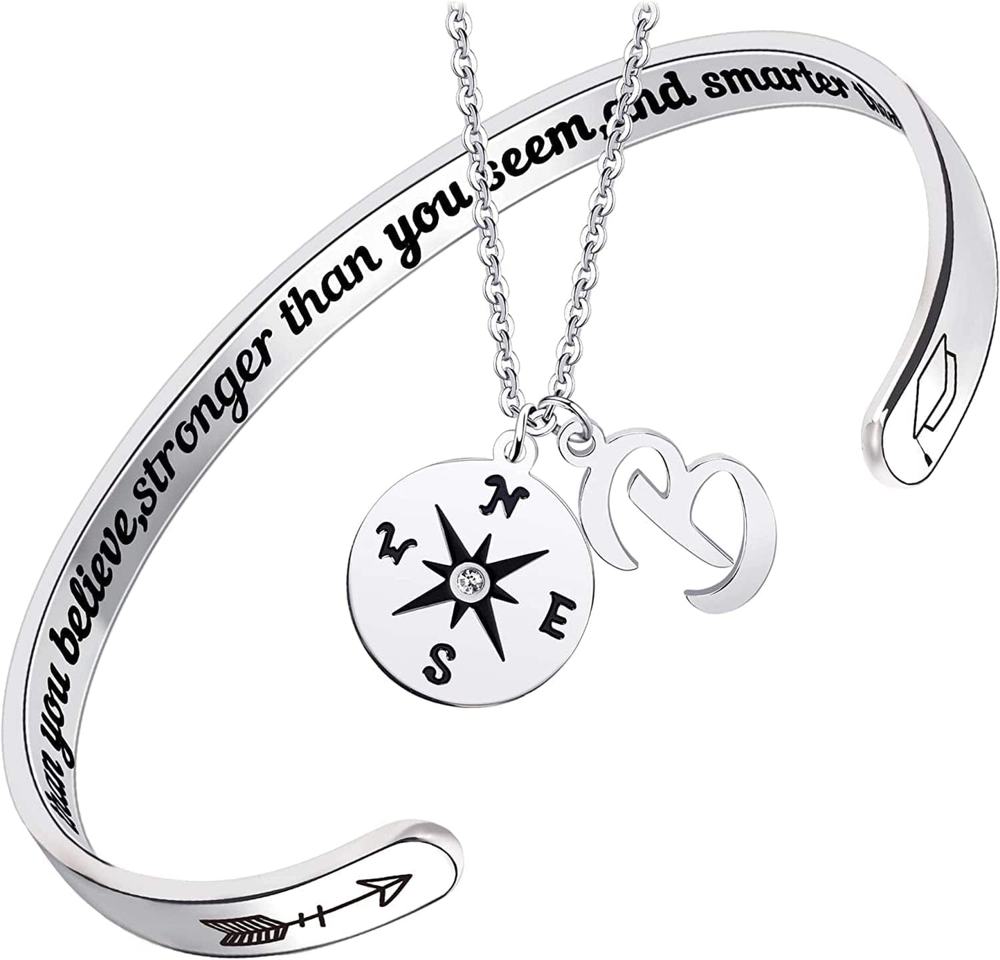 2022 Graduation Gift Compass Necklace Bracelet Set - Congrats Grad Stainless Steel Jewelry for Graduates Women Men Letter B Necklace + Bracelet