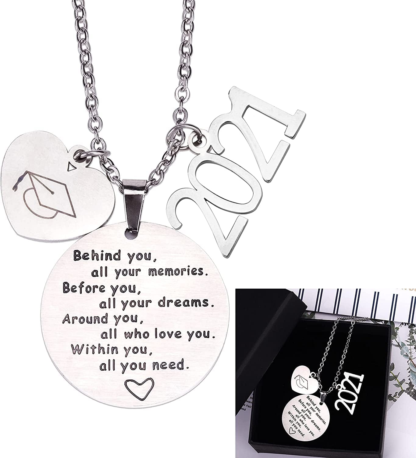 2022 Graduation Gift Compass Necklace Bracelet Set - Congrats Grad Stainless Steel Jewelry for Graduates Women Men 2021 Necklace