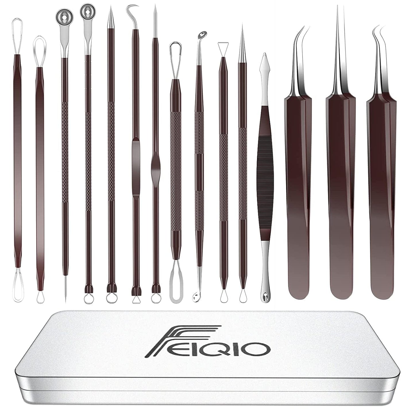 2022 Latest 15 PCS Pimple Popper Tool Kit, Blackhead Remover Comedone Acne Extractor Tools, Professional Sharp Stainless Skin Blemish Removal Pimple Tools with Metal Case Health & Beauty > Personal Care > Cosmetics > Cosmetic Tools > Skin Care Tools Feiqio Brown