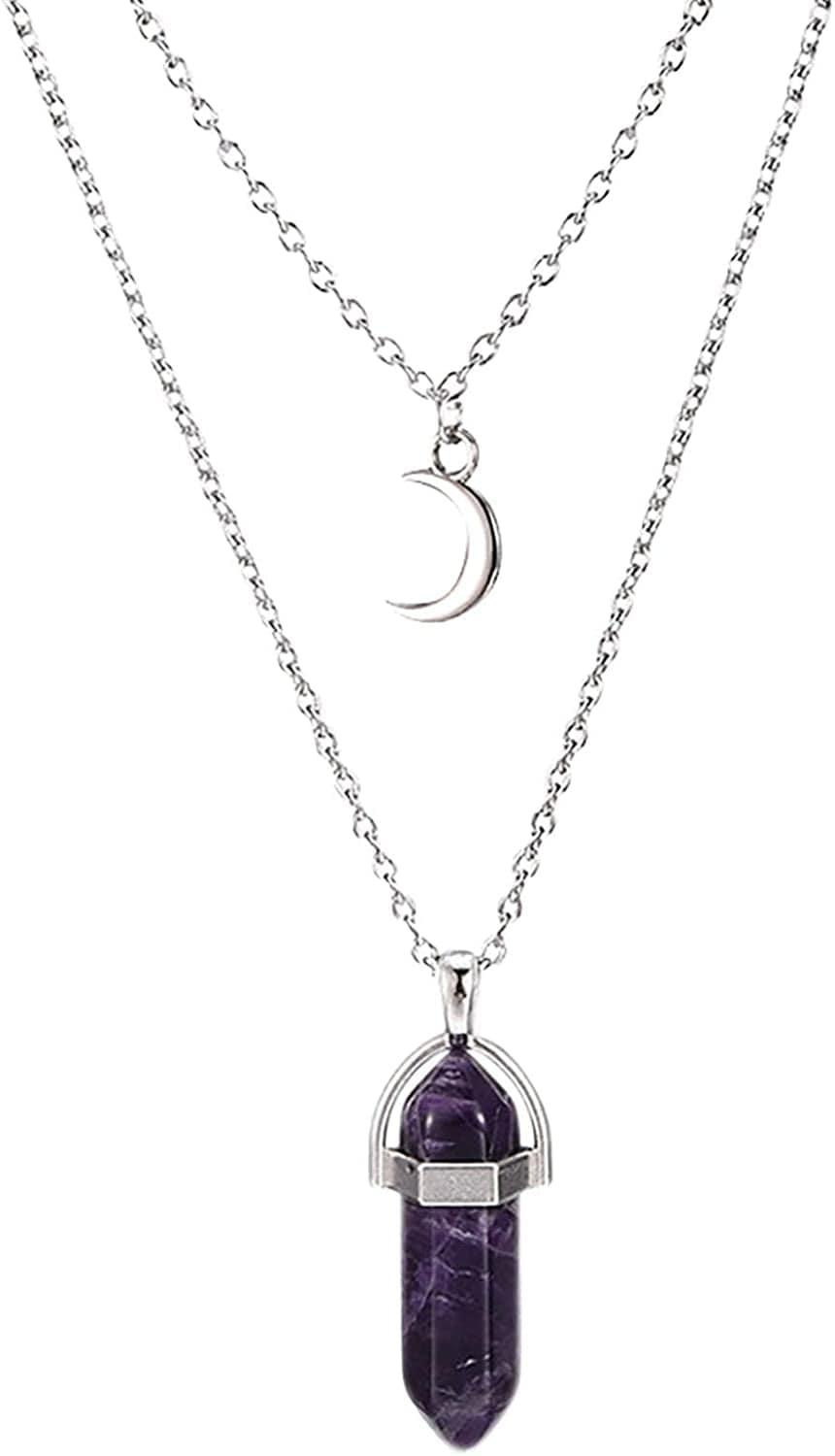 2022 Necklace for Women Girls,Multi Layered Choker Chain Necklaces Hexagonal Bullet Gothic Natural Stone Moon Supernatural Pentagram Pendant Women Party Festival and Birthday Gift silvery B / One Size