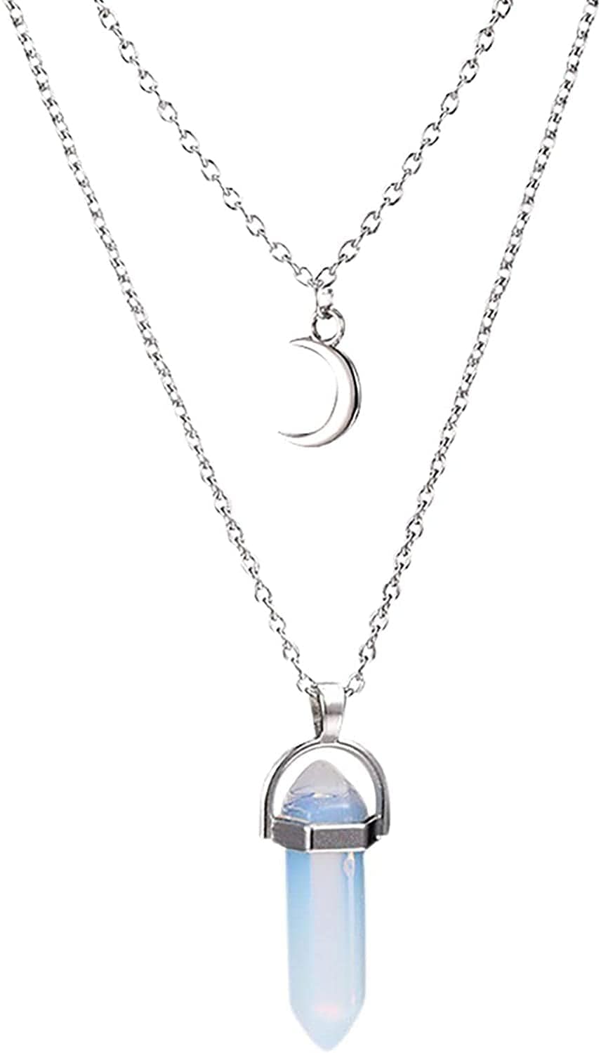 2022 Necklace for Women Girls,Multi Layered Choker Chain Necklaces Hexagonal Bullet Gothic Natural Stone Moon Supernatural Pentagram Pendant Women Party Festival and Birthday Gift silvery A / One Size