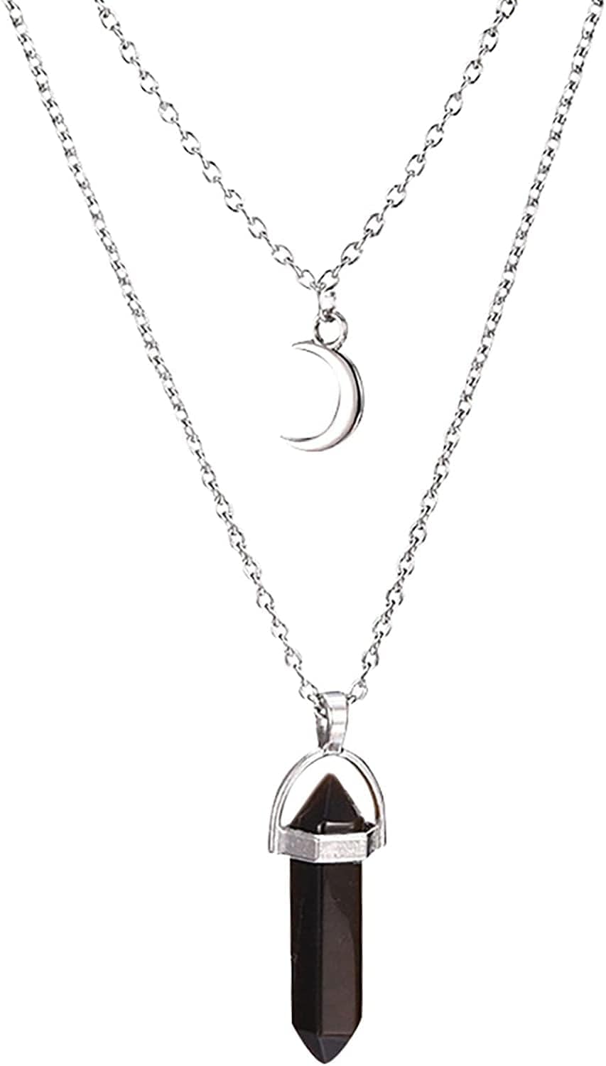 2022 Necklace for Women Girls,Multi Layered Choker Chain Necklaces Hexagonal Bullet Gothic Natural Stone Moon Supernatural Pentagram Pendant Women Party Festival and Birthday Gift silvery E / One Size
