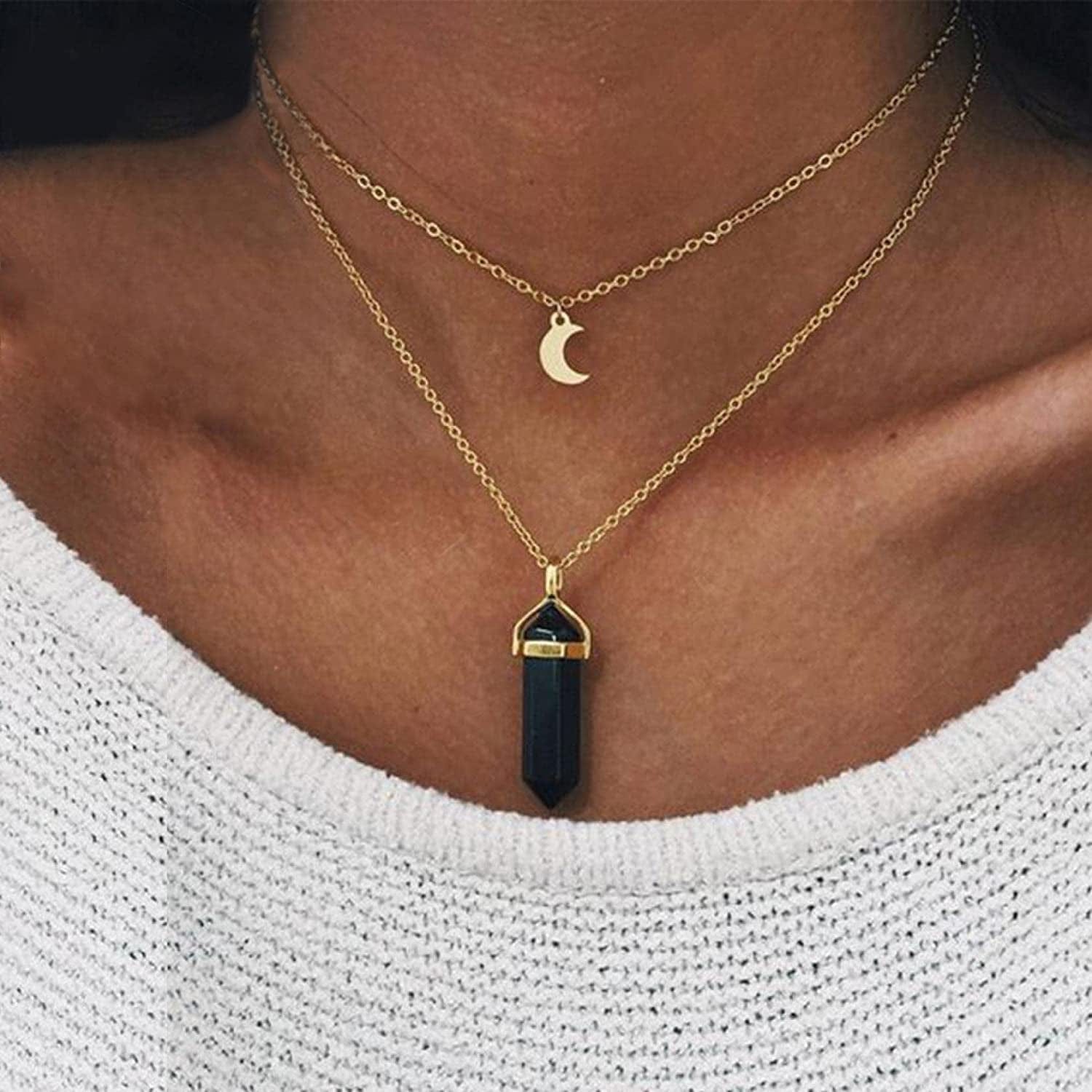 2022 Necklace for Women Girls,Multi Layered Choker Chain Necklaces Hexagonal Bullet Gothic Natural Stone Moon Supernatural Pentagram Pendant Women Party Festival and Birthday Gift