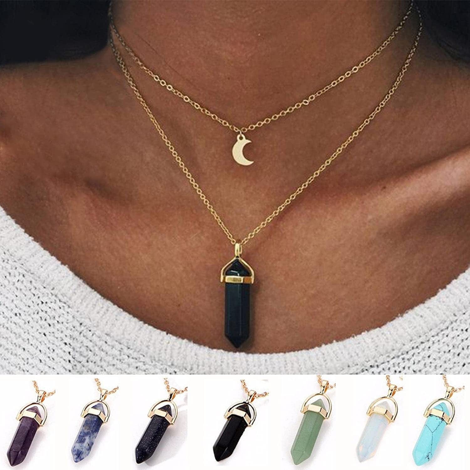 2022 Necklace for Women Girls,Multi Layered Choker Chain Necklaces Hexagonal Bullet Gothic Natural Stone Moon Supernatural Pentagram Pendant Women Party Festival and Birthday Gift