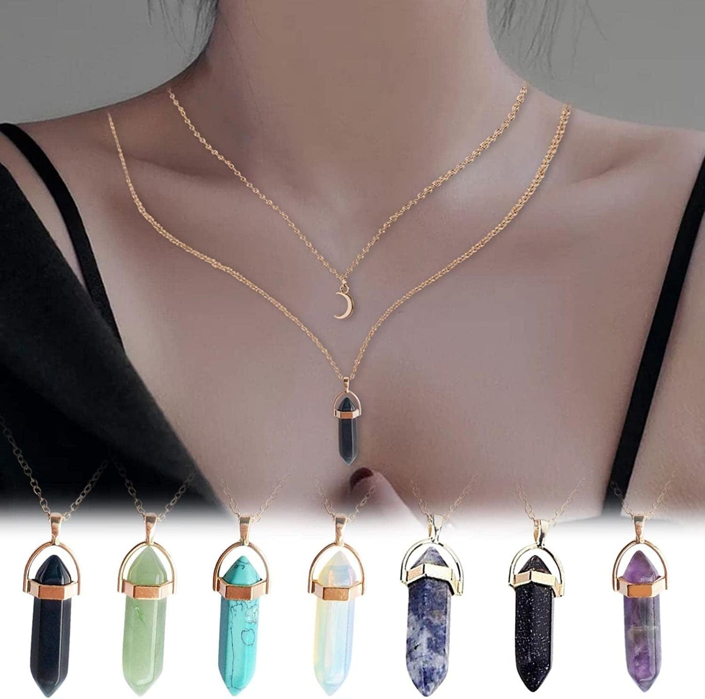 2022 Necklace for Women Girls,Multi Layered Choker Chain Necklaces Hexagonal Bullet Gothic Natural Stone Moon Supernatural Pentagram Pendant Women Party Festival and Birthday Gift