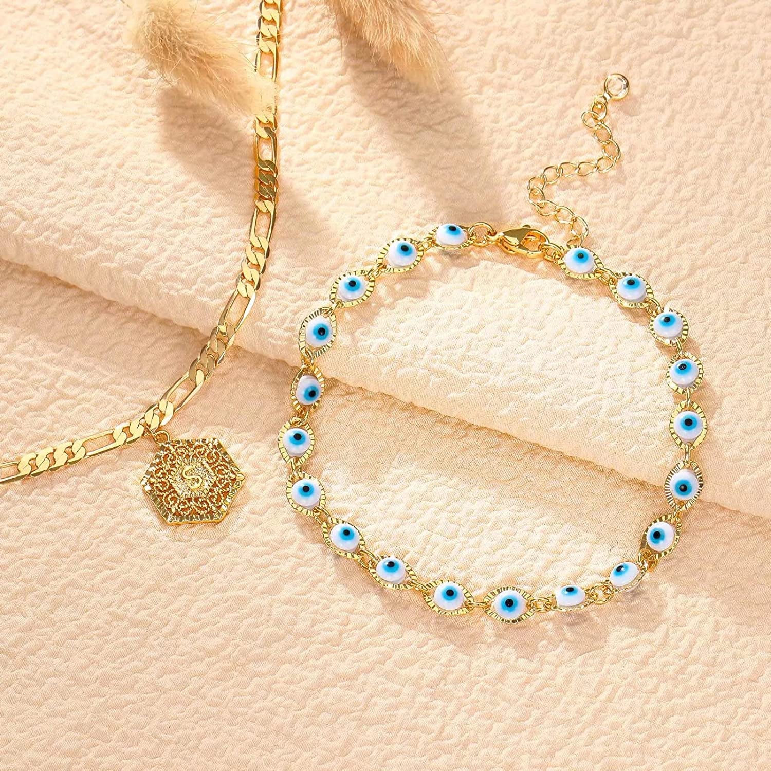 Evil Eye Ankle Bracelets for Women, 14K Gold Plated Layered Anklet Evil Eye Anklet for Women Openwork Hexagon Pendant Initial A-Z Gold Anklets for Women Girls Evil Eye Anklet Jewelry Gifts Apparel & Accessories > Jewelry > Anklets IEFSHINY