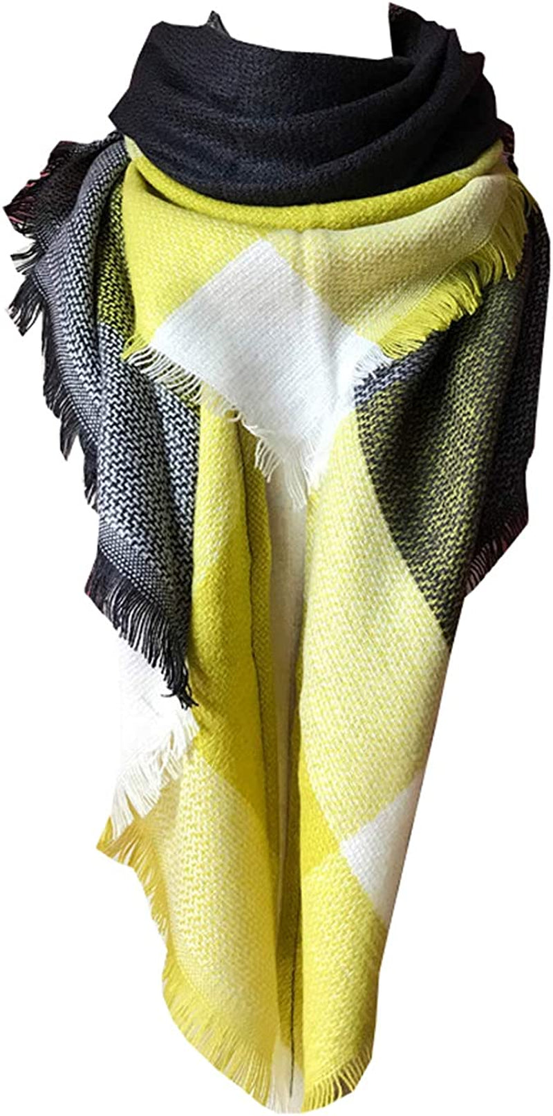 Wander Agio Womens Warm Long Shawl Winter Wraps Large Scarves Knit Cashmere Feel Plaid Triangle Scarf Apparel & Accessories > Clothing Accessories > Scarves & Shawls Wander Agio Big Yellow Grey