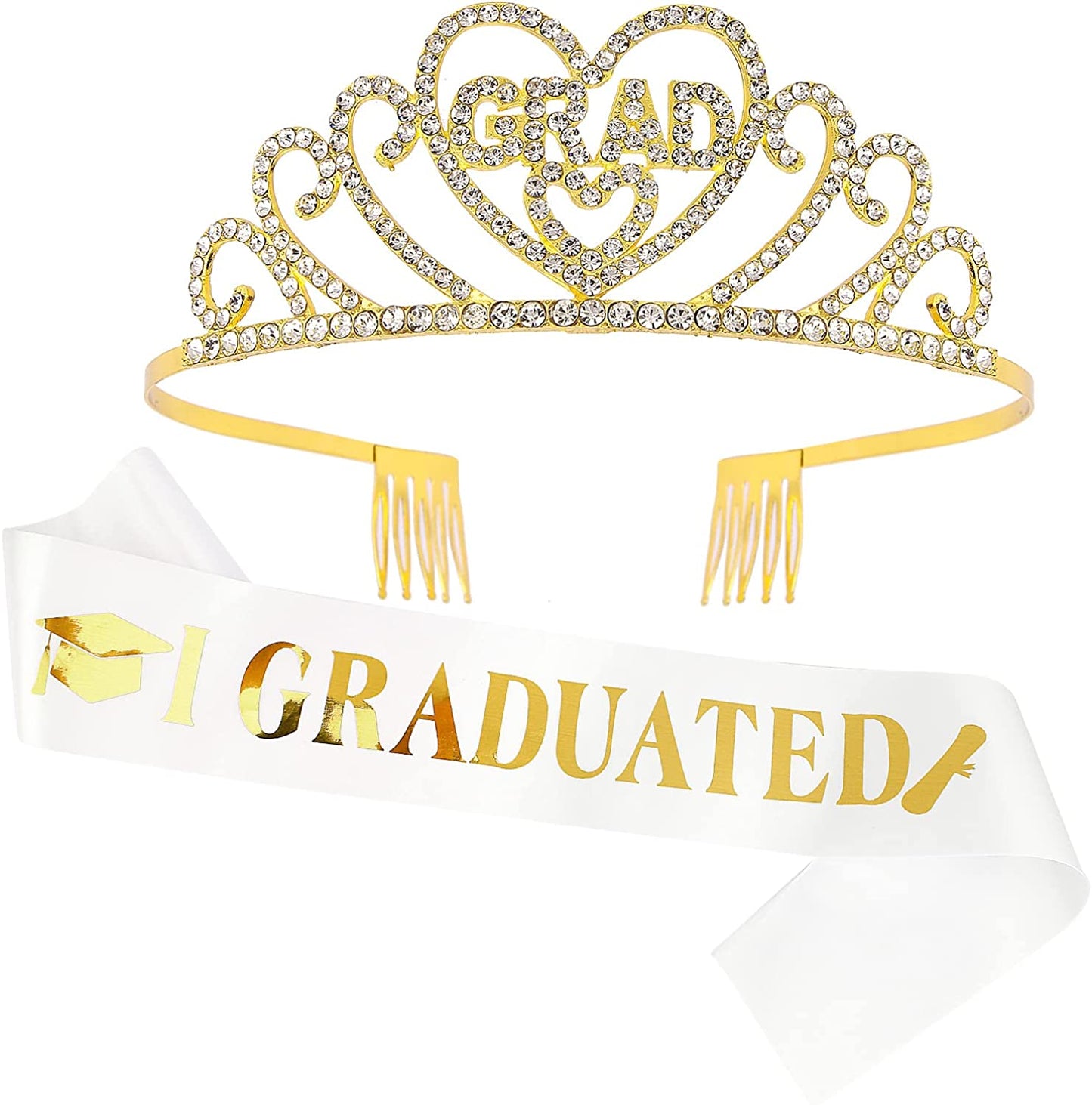 CAVETEE Gold Graduate Crown and Sash Congratulations Graduate 2022 Grad Party Decorations 2022 Graduate Crowns for Women Grad Tiara and I Graduated Sash for Women Grad Cap Decorations Grad Cap Topper Apparel & Accessories > Clothing Accessories > Sashes CAVETEE