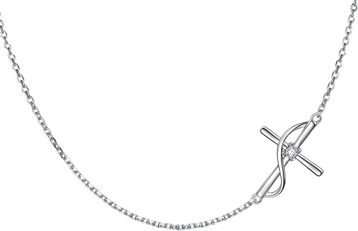 ATHENAA S925 Sterling Silver Concise Sideways Cross Pendant Necklace Bracelet Anklet Apparel & Accessories > Jewelry > Anklets ATHENAA Jewelry Factory C-Necklace 14+4"
