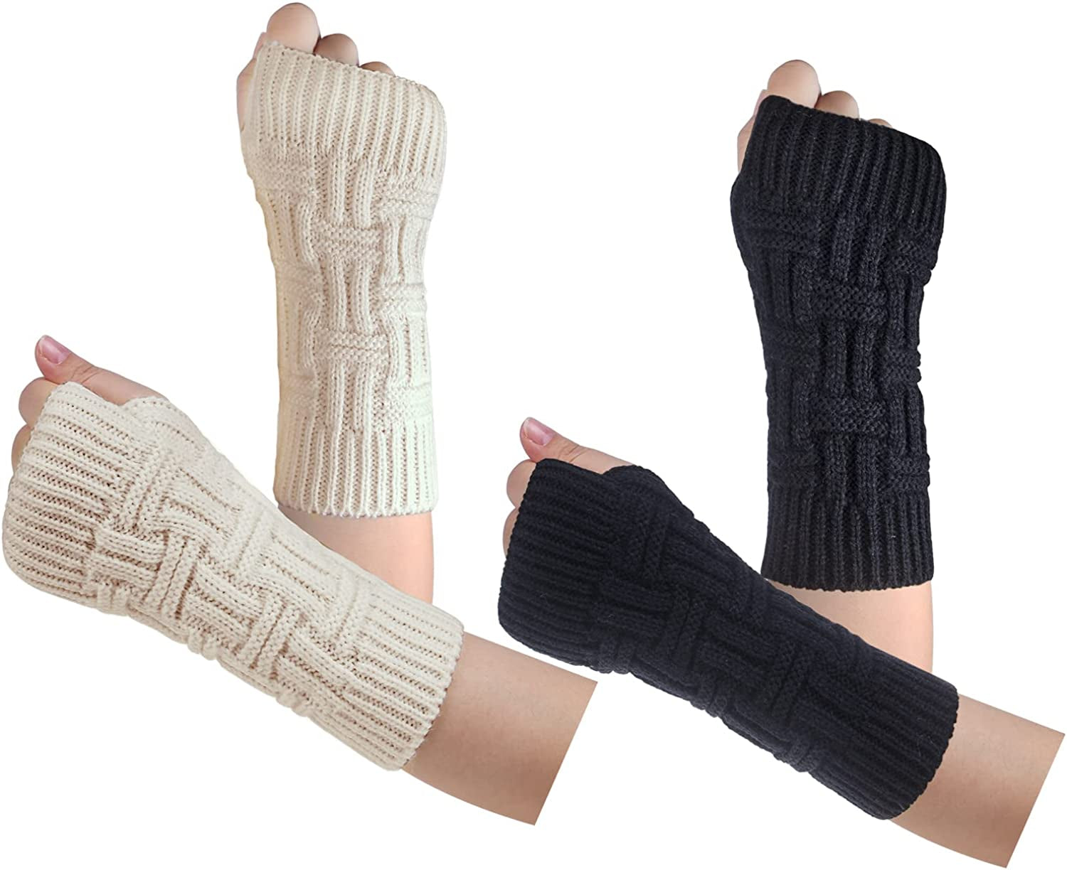 Loritta 2 Pairs Womens Fingerless Gloves Winter Warm Knit Crochet Thumbhole Arm Warmers Apparel & Accessories > Clothing Accessories > Gloves & Mittens Loritta B Black+beige(2 Pairs)