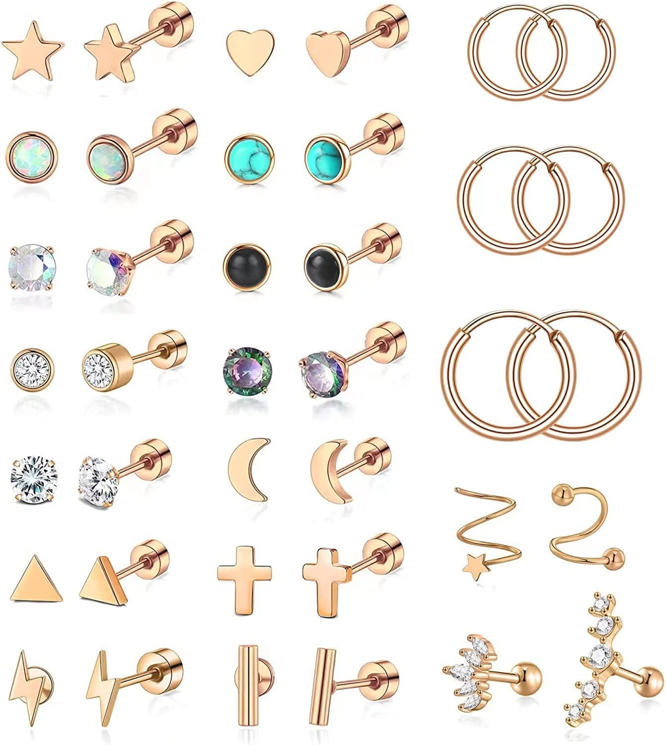 20G Stainless Steel Stud Earrings for Women Men CZ Heart Star Moon Flat Back Earrings Cartilage Earrings Stud Hoops Helix Tragus Daith Earrings Piercing Jewelry Rose Gold Tone