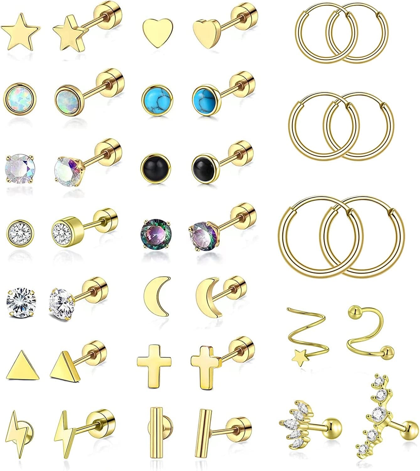 20G Stainless Steel Stud Earrings for Women Men CZ Heart Star Moon Flat Back Earrings Cartilage Earrings Stud Hoops Helix Tragus Daith Earrings Piercing Jewelry Gold Tone