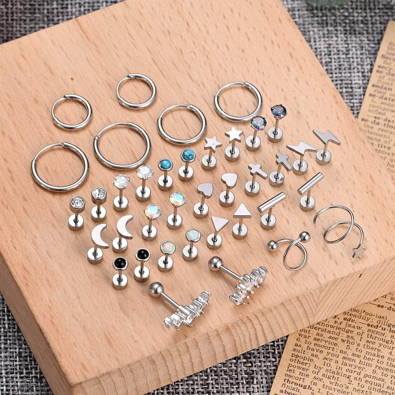 20G Stainless Steel Stud Earrings for Women Men CZ Heart Star Moon Flat Back Earrings Cartilage Earrings Stud Hoops Helix Tragus Daith Earrings Piercing Jewelry