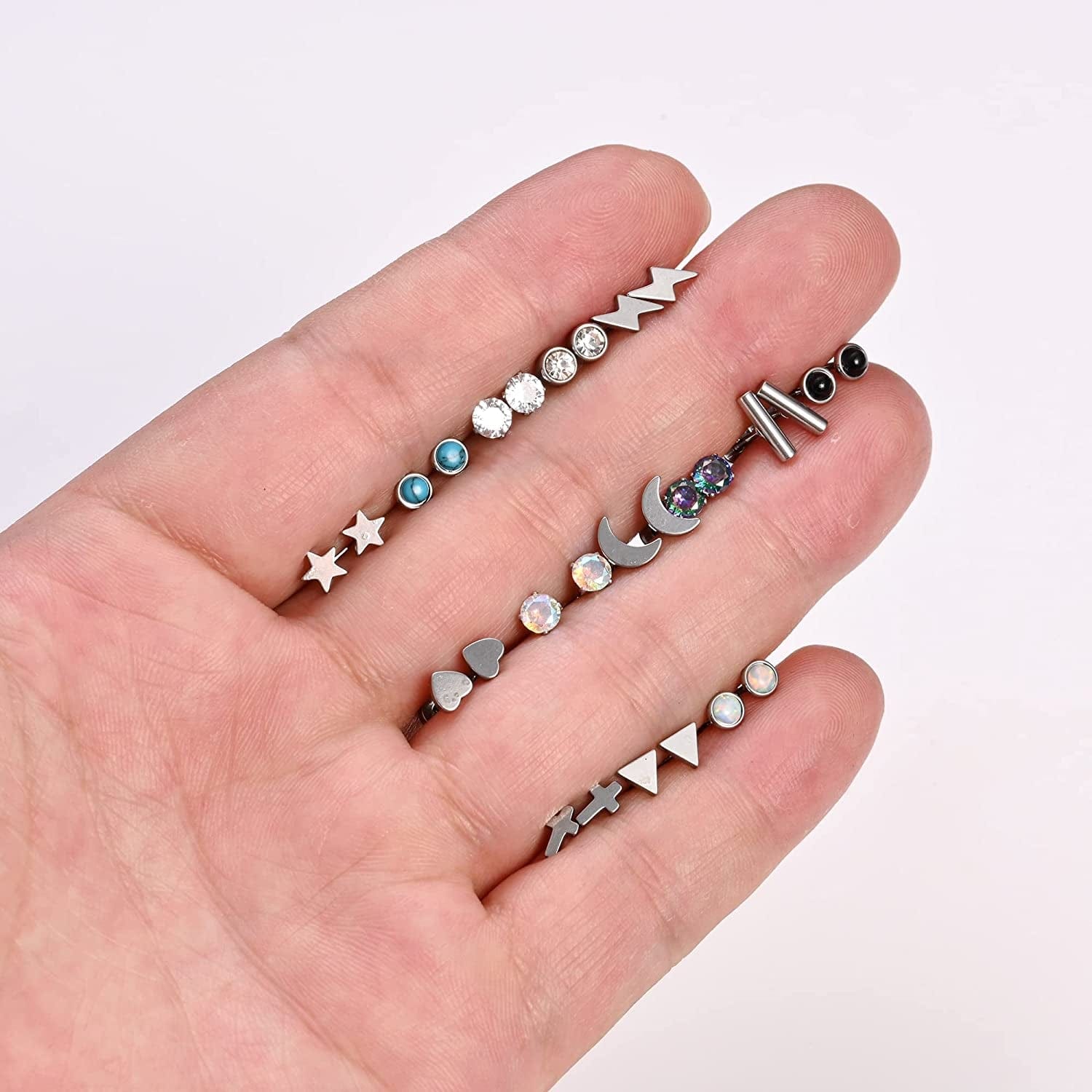 20G Stainless Steel Stud Earrings for Women Men CZ Heart Star Moon Flat Back Earrings Cartilage Earrings Stud Hoops Helix Tragus Daith Earrings Piercing Jewelry