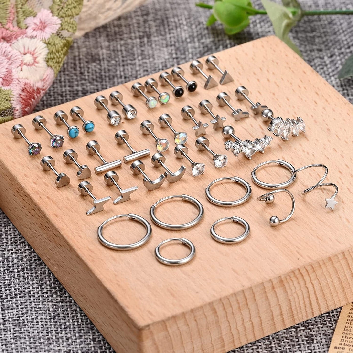 20G Stainless Steel Stud Earrings for Women Men CZ Heart Star Moon Flat Back Earrings Cartilage Earrings Stud Hoops Helix Tragus Daith Earrings Piercing Jewelry