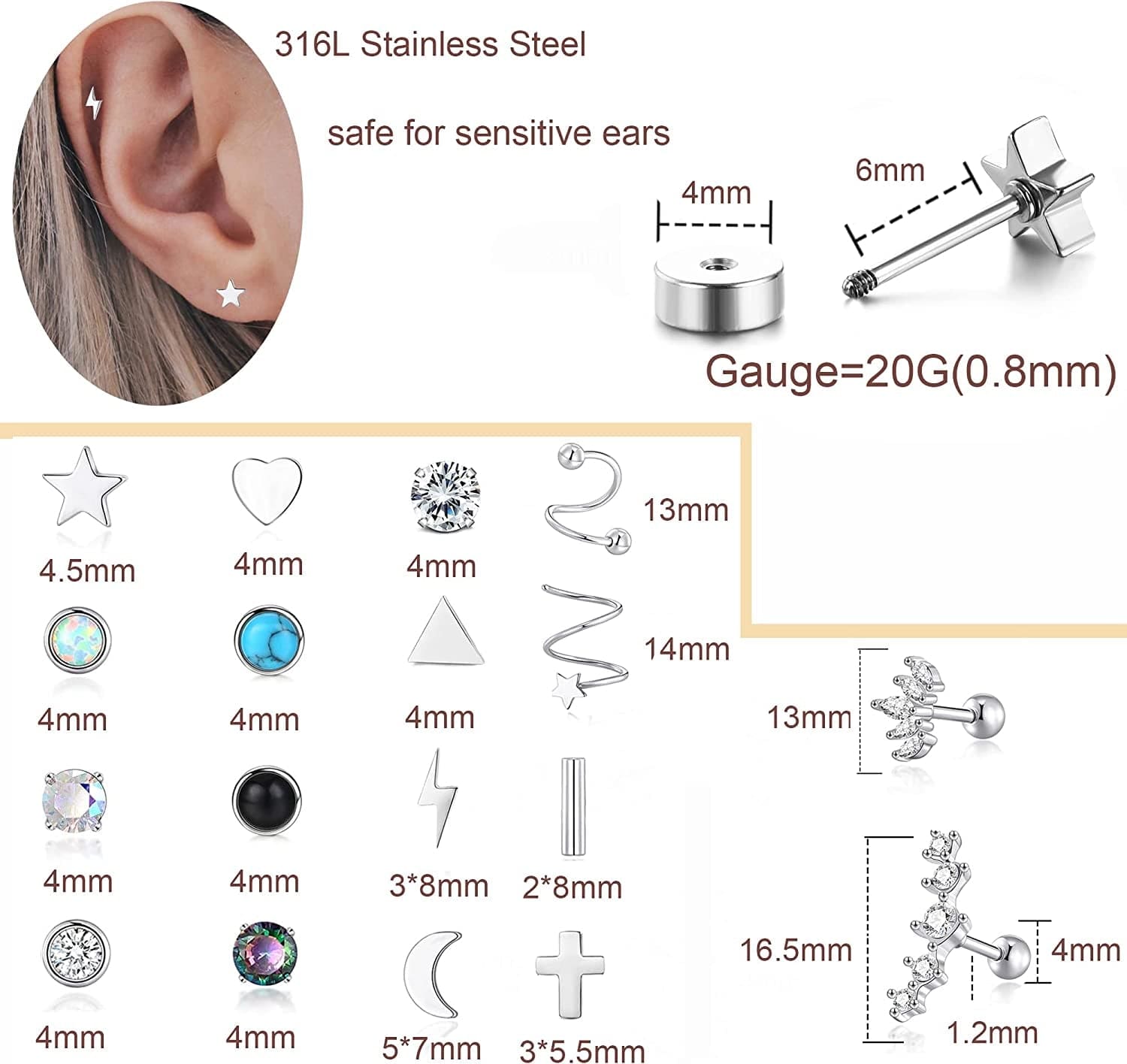 20G Stainless Steel Stud Earrings for Women Men CZ Heart Star Moon Flat Back Earrings Cartilage Earrings Stud Hoops Helix Tragus Daith Earrings Piercing Jewelry