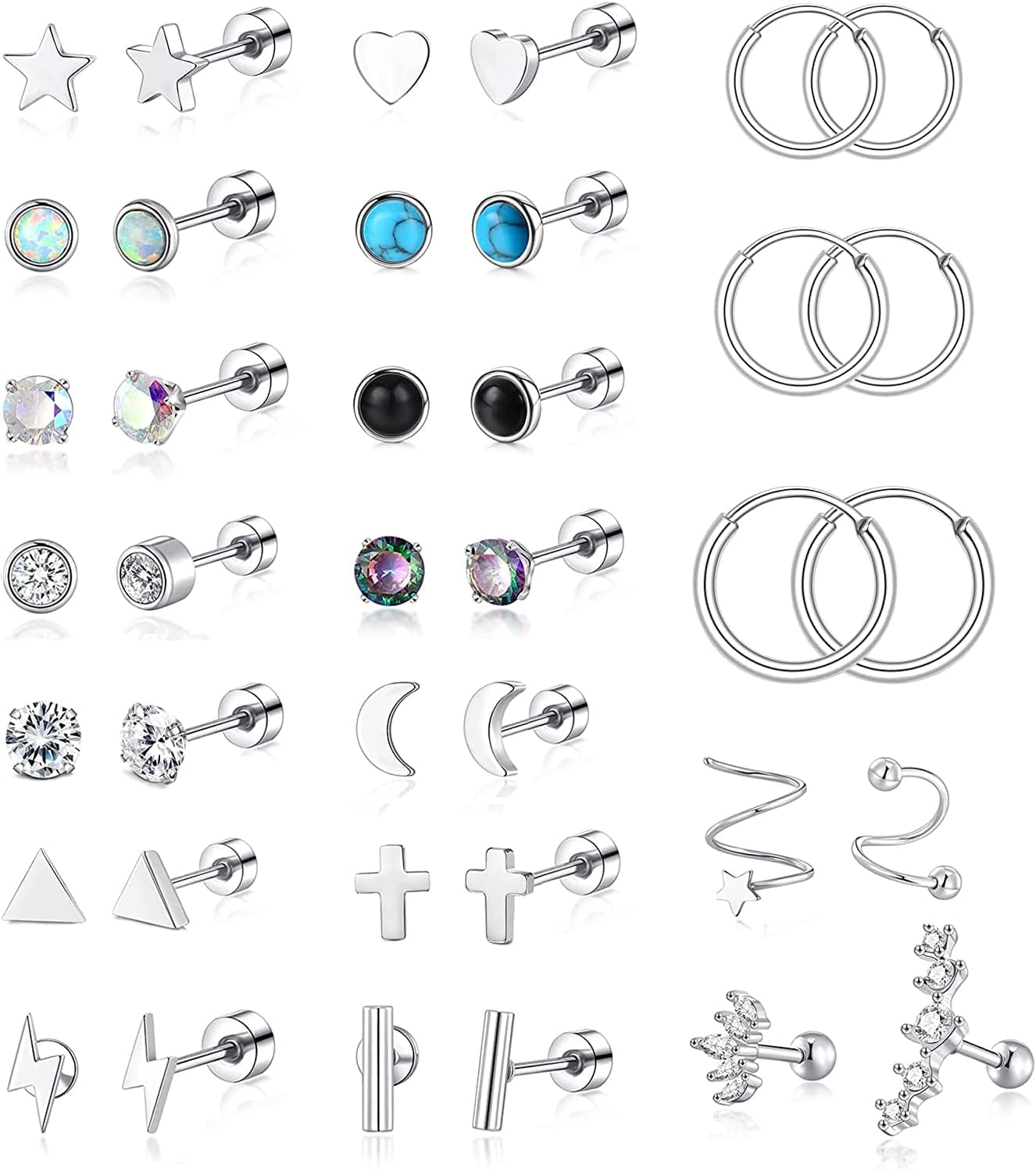 20G Stainless Steel Stud Earrings for Women Men CZ Heart Star Moon Flat Back Earrings Cartilage Earrings Stud Hoops Helix Tragus Daith Earrings Piercing Jewelry Silver Tone