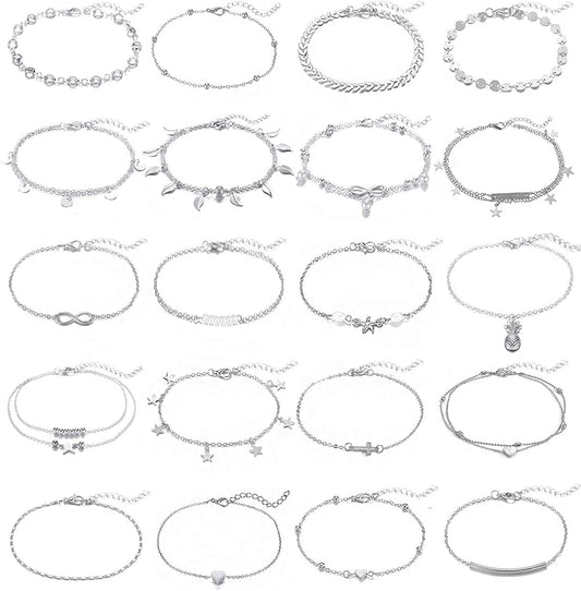 20Pcs Ankle Bracelets for Women Silver Gold Anklet Set Boho Anklets Bracelets Layered Adjustable Chain Beach Barefoot Foot Jewelry Apparel & Accessories > Jewelry > Anklets KOHOTA Silver color