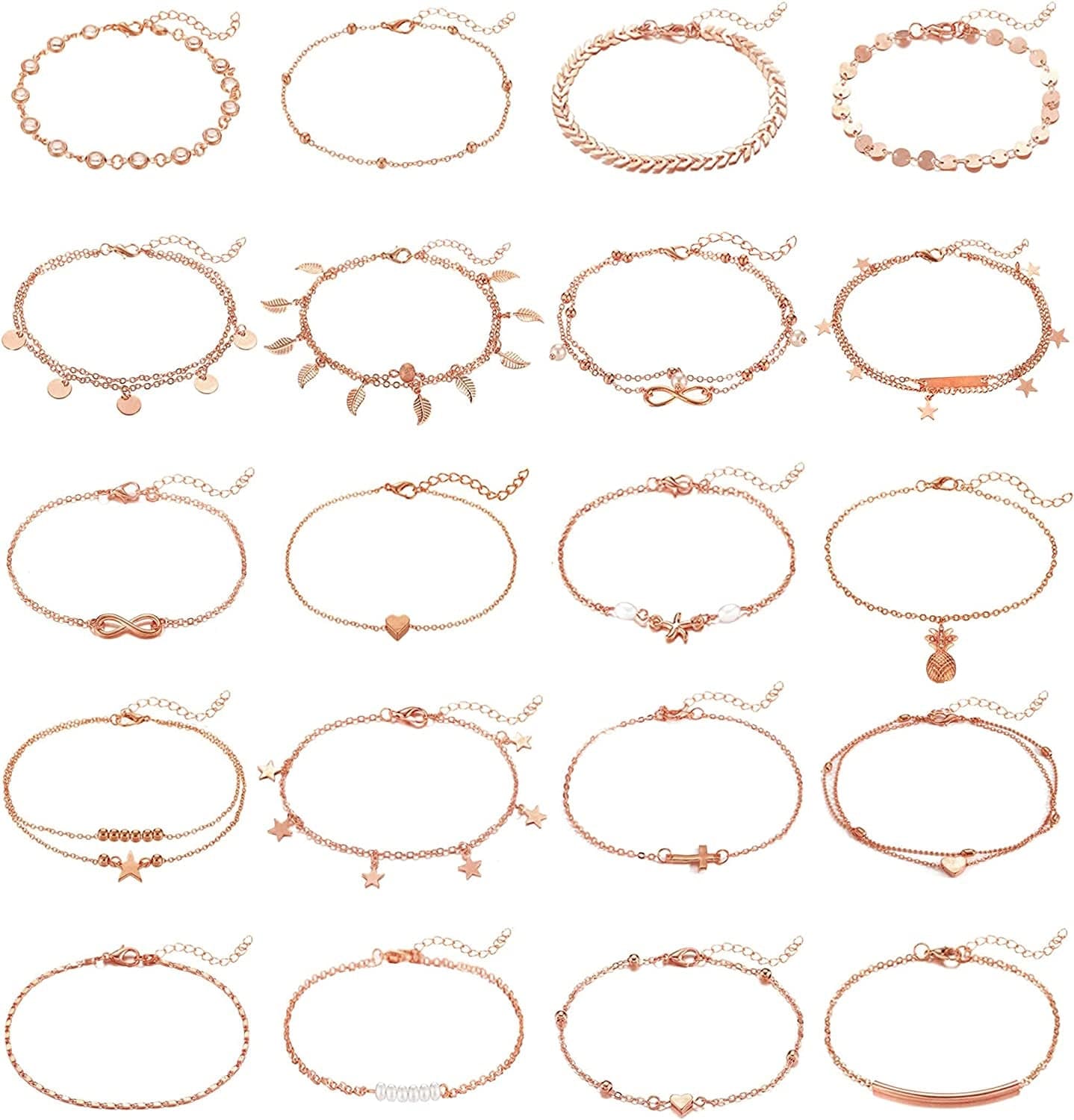 20Pcs Ankle Bracelets for Women Silver Gold Anklet Set Boho Anklets Bracelets Layered Adjustable Chain Beach Barefoot Foot Jewelry Apparel & Accessories > Jewelry > Anklets KOHOTA Rose gold color